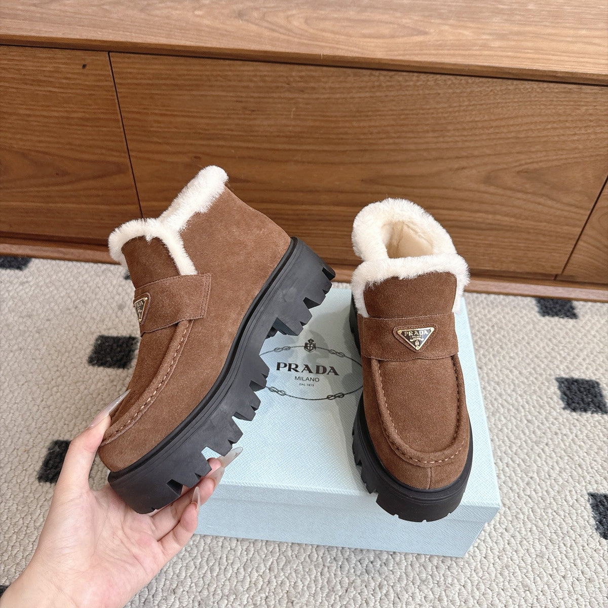 Prada Shearling Ankle Boots Brown Suede Fur 118344