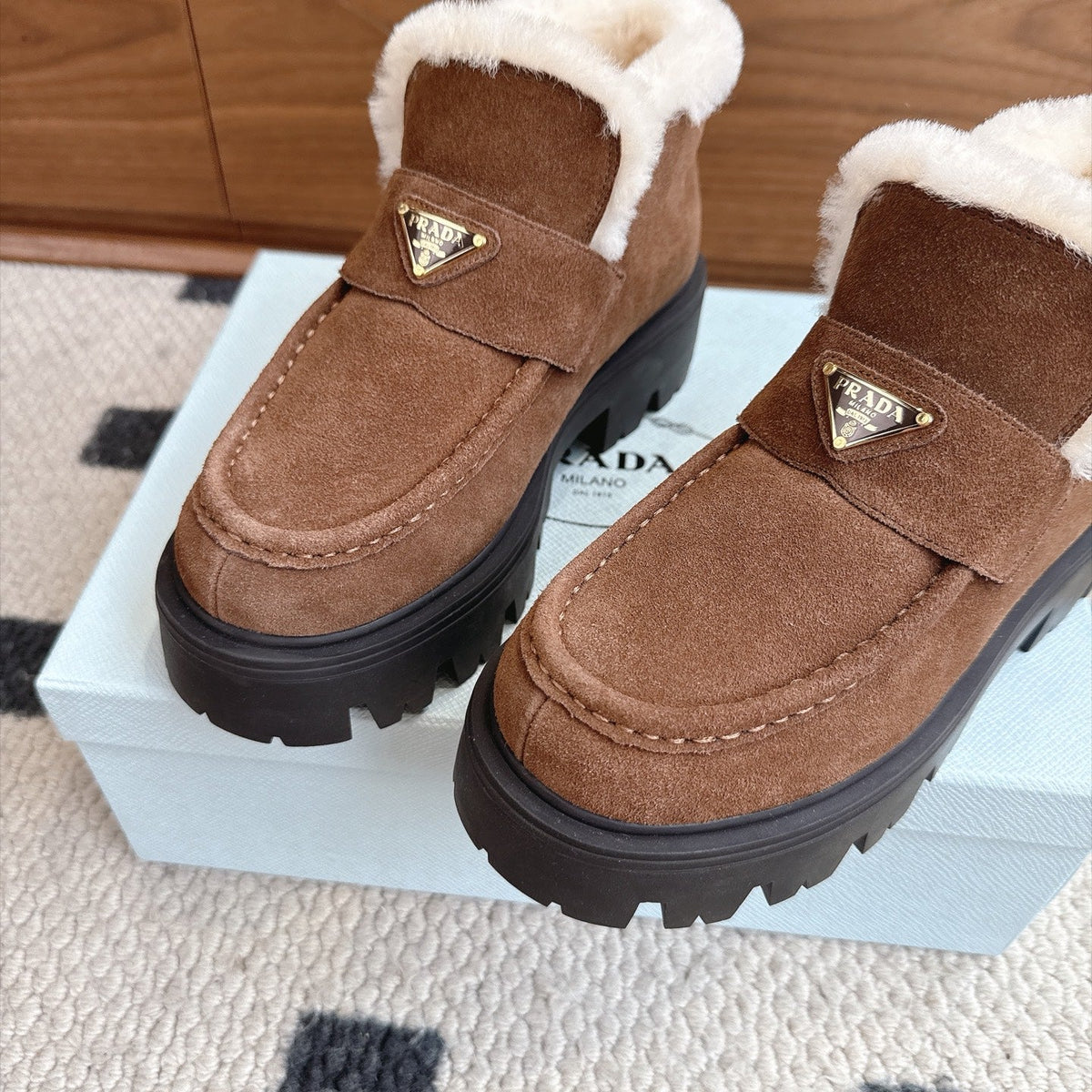 Prada Shearling Ankle Boots Brown Suede Fur 118344