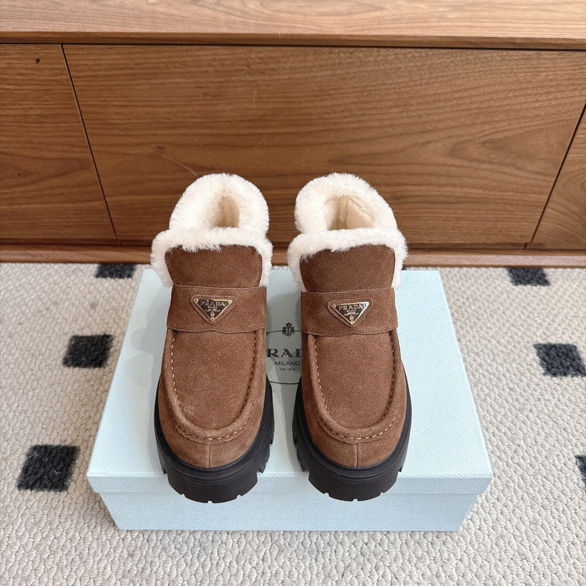 Prada Shearling Ankle Boots Brown Suede Fur 118344