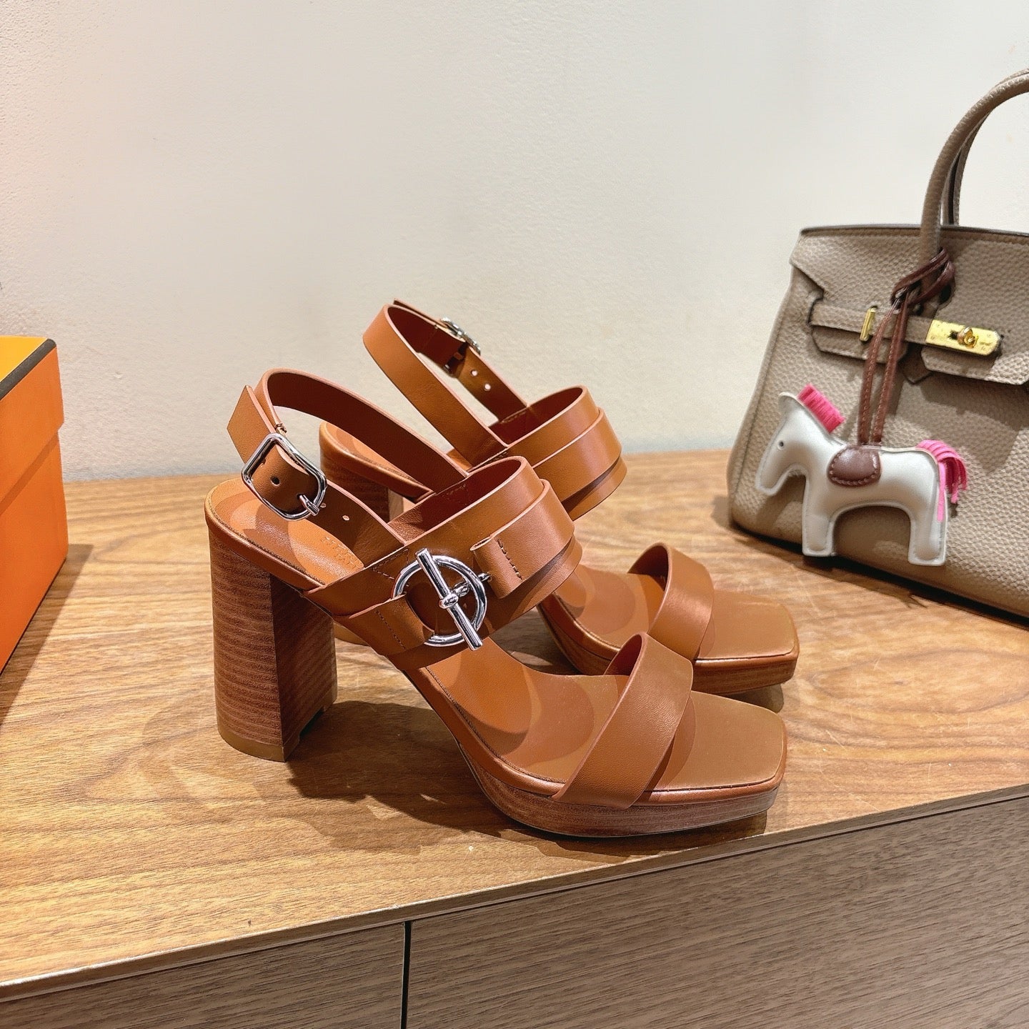 HM 26S Gigi 85 Sandal In Camel Brown Calfskin Silver Hardware