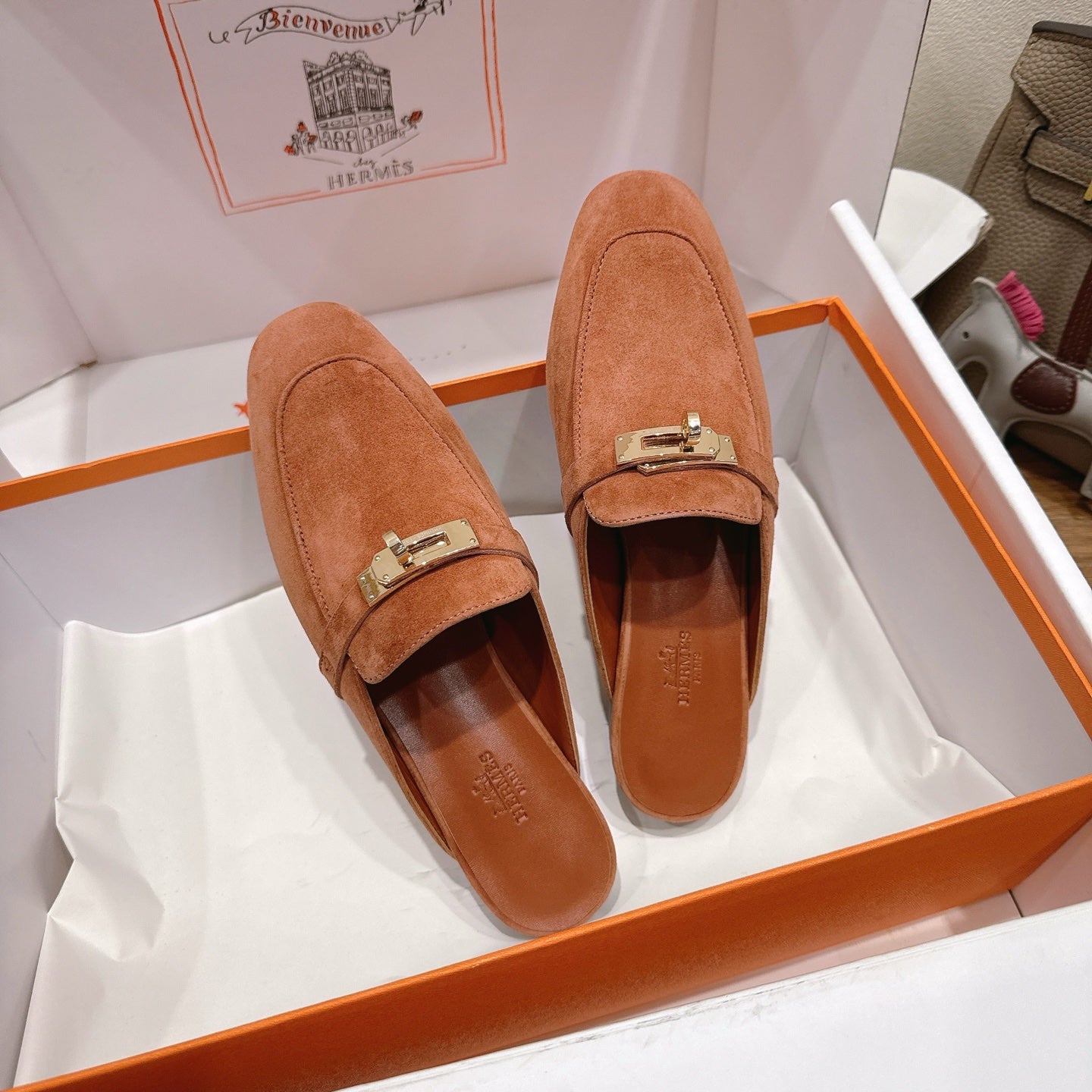 HM 26s Kelly Mule In Peach Brown Suede Gold Hardware