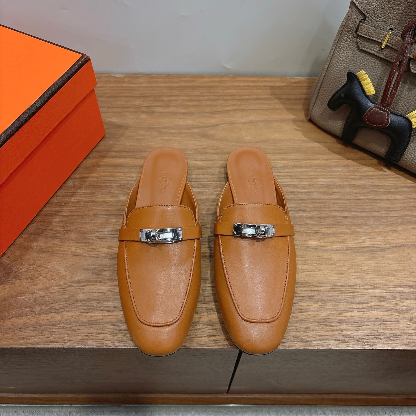 HM 26s Kelly Mule In Brown Calfskin Silver Hardware