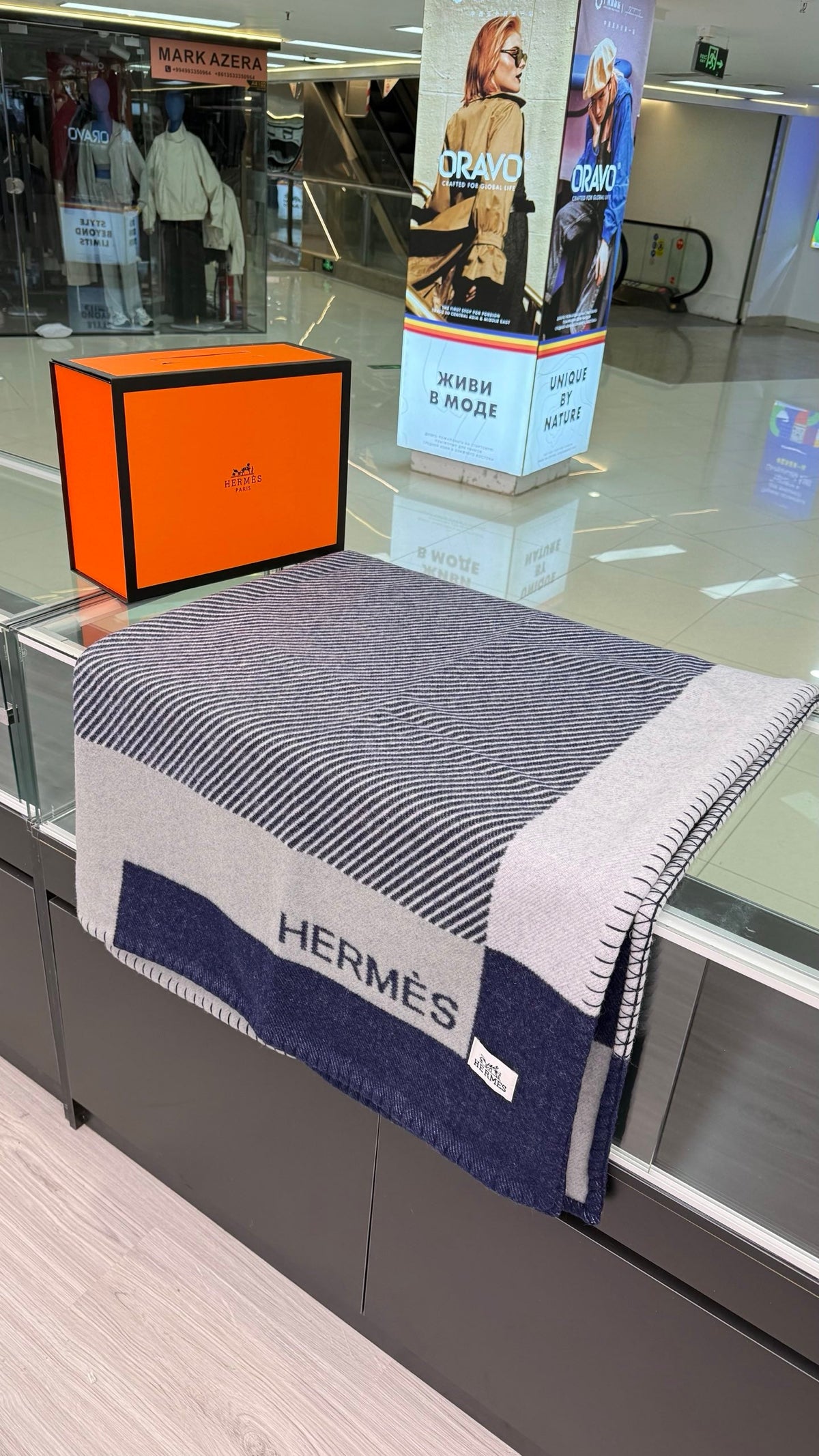 Hermes 26s Riviera Blanket 144x200cm Bleu Wool 528125