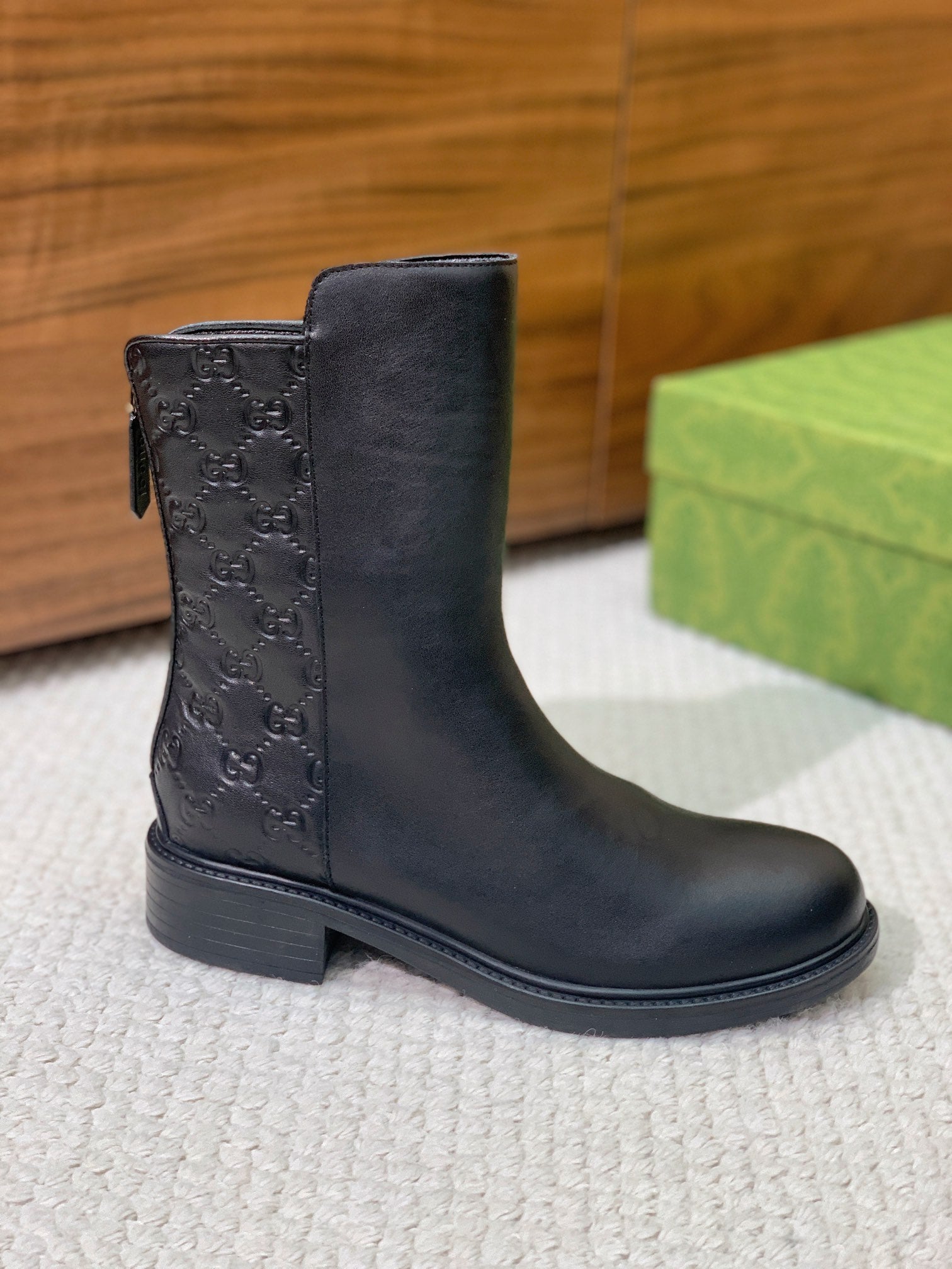 GG Riding Ankle Boots Black Monogram Embossed Cowhide 473642