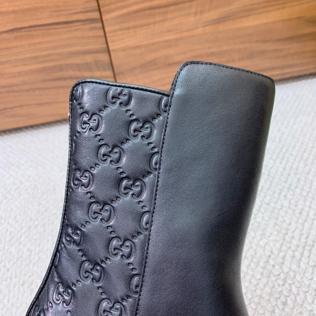 GG Riding Ankle Boots Black Monogram Embossed Cowhide 473642