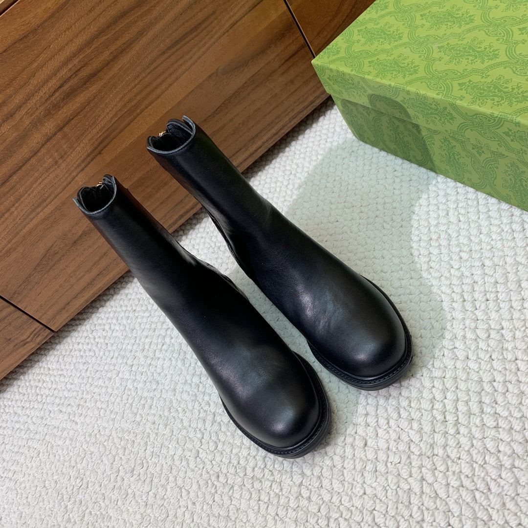 GG Riding Ankle Boots Black Monogram Embossed Cowhide 473642