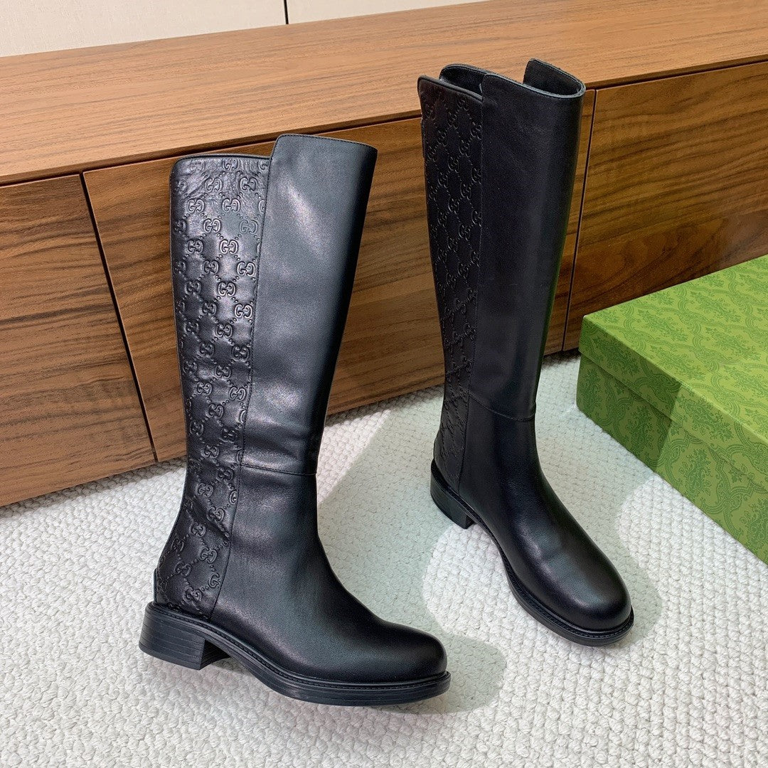 GG Riding Long Boots Black Monogram Embossed Cowhide 473643