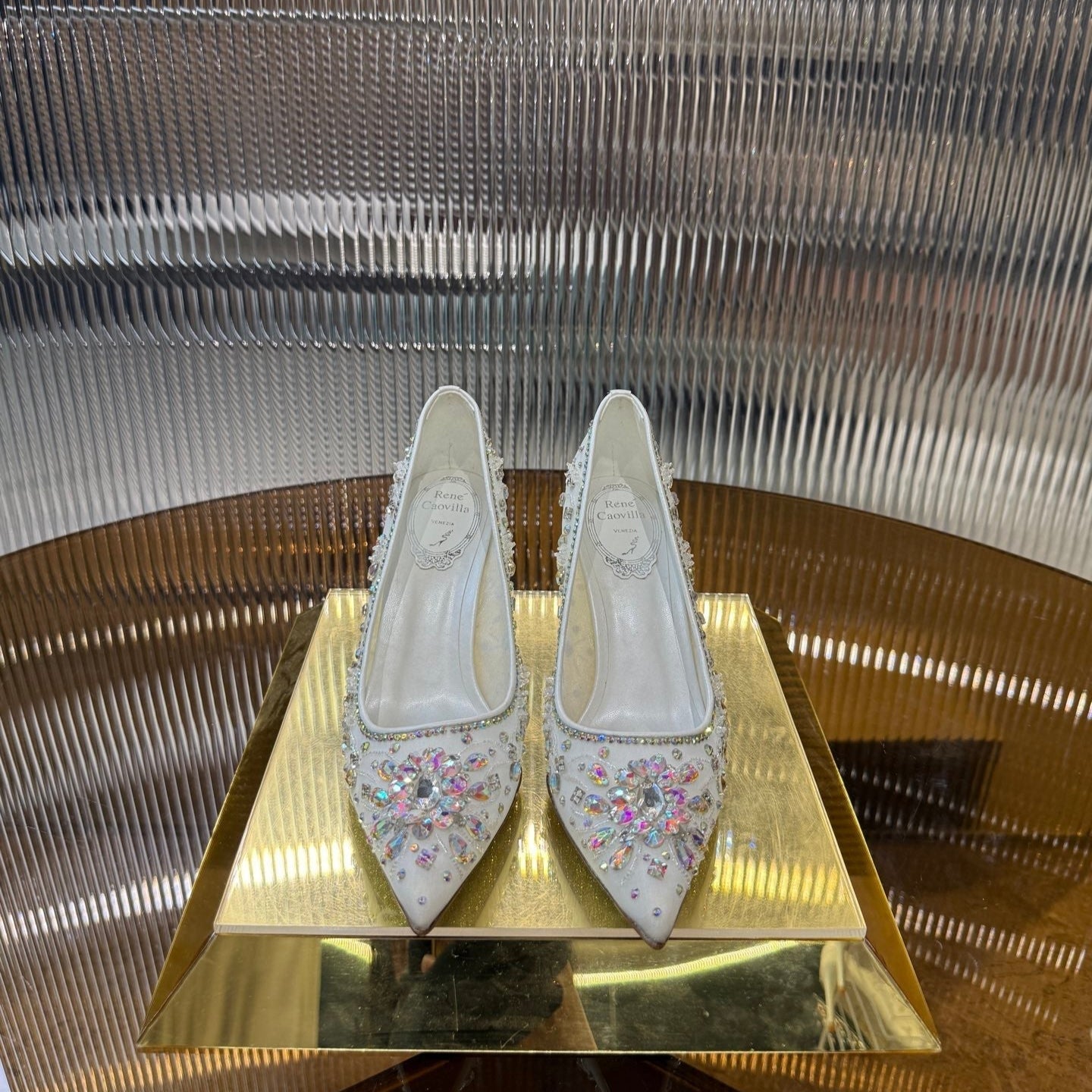 RC 25C Crystal Pearl Gem Lace High Heels White Sheepskin 275753