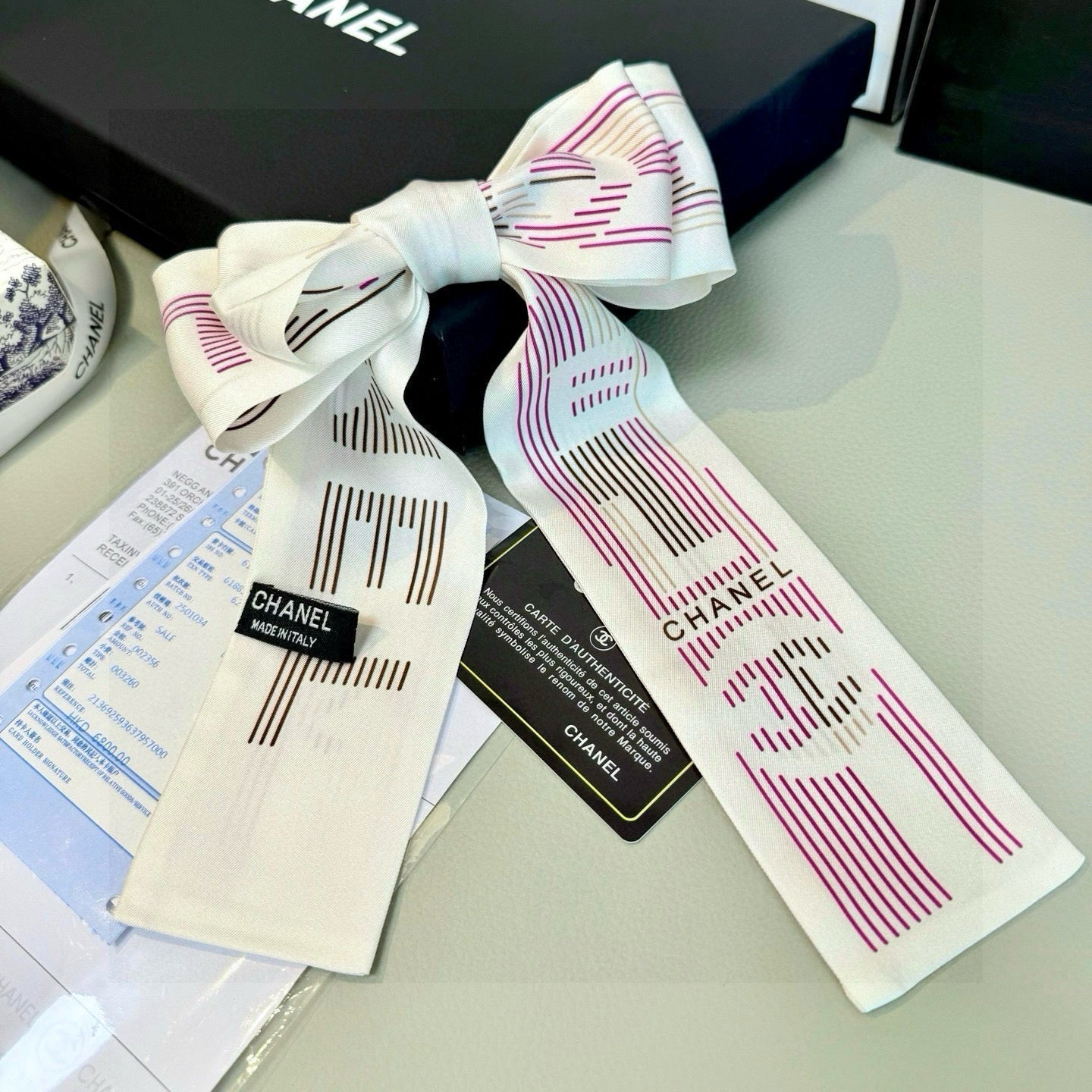 CC Twilly Mini Scarf 120cm White Pink Mulberry Silk 924596