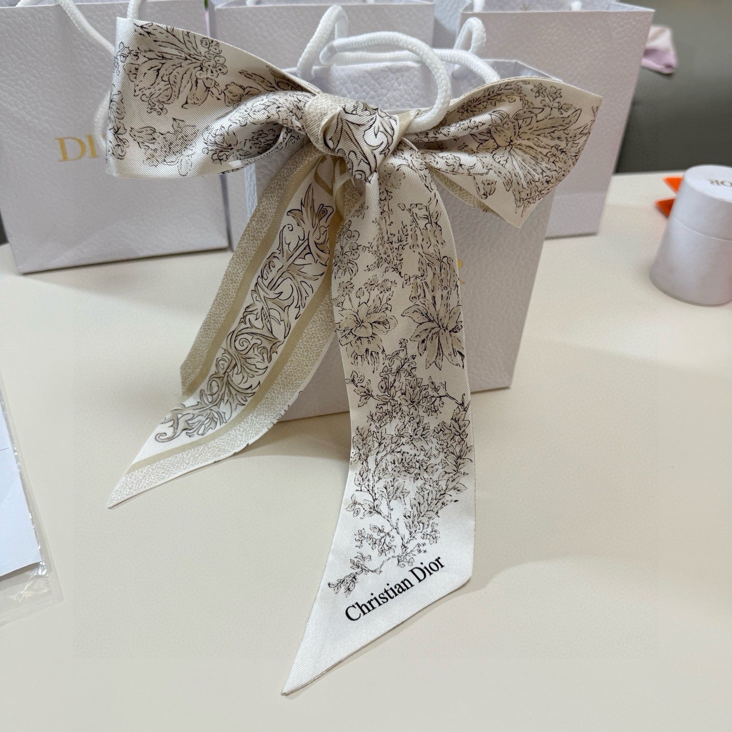 CD Twilly Mini Scarf 105 Ivory Gray Silk Twill 147653