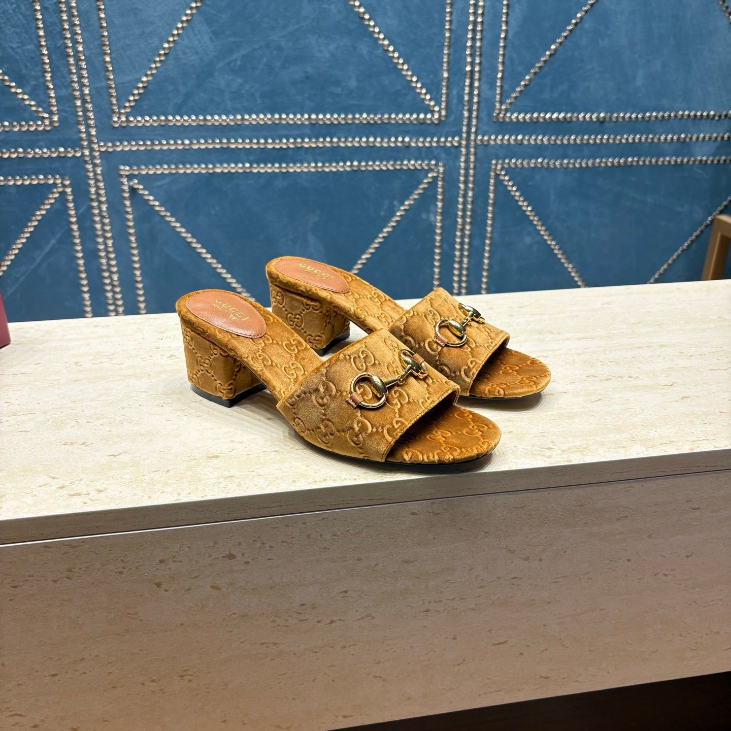 GG 26ss Chunky Heel Sandals 55 Brown Velvet 741299