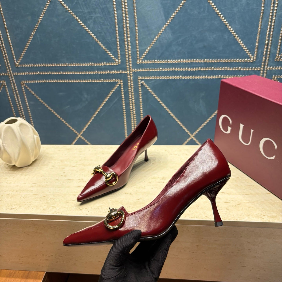 GG 26s Signoria Horsebit Pumps 7cm Rosso Ancora Leather 106951