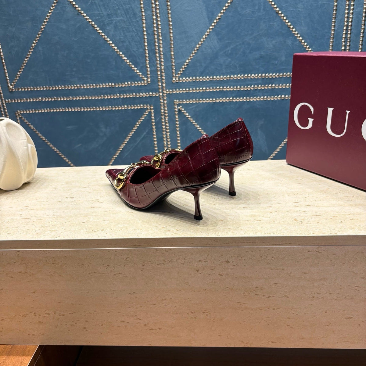 GC 26s Signoria Horsebit Pumps 7cm Bordeaux Croc-Effect Leather 106955