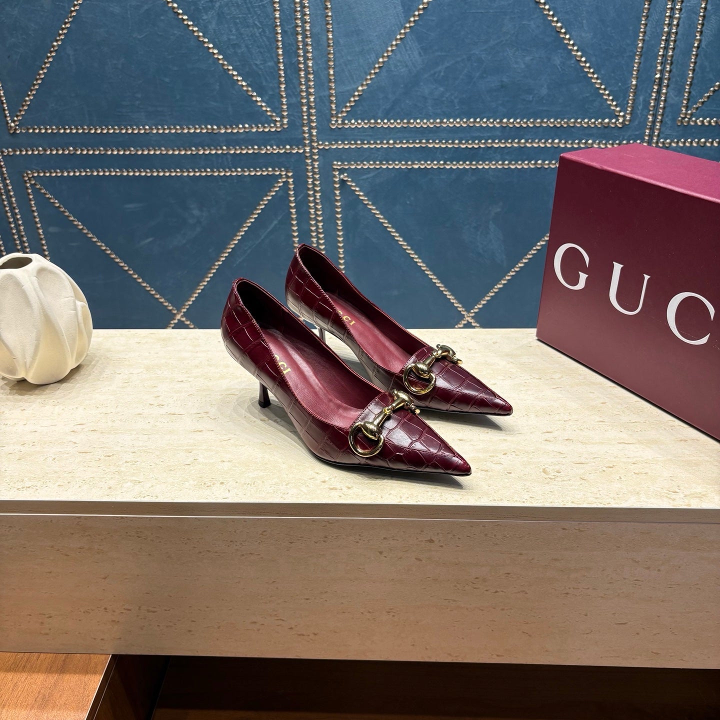 GC 26s Signoria Horsebit Pumps 7cm Bordeaux Croc-Effect Leather 106955