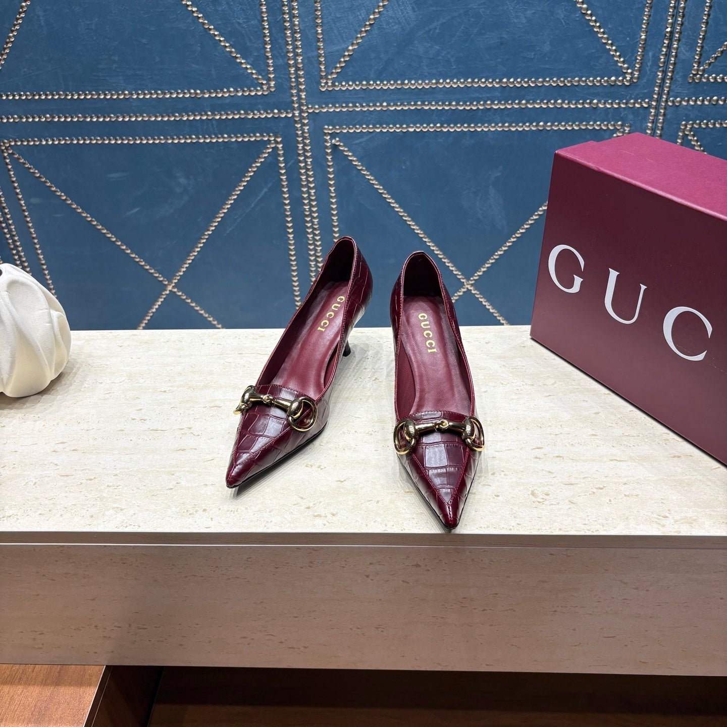 GC 26s Signoria Horsebit Pumps 7cm Bordeaux Croc-Effect Leather 106955
