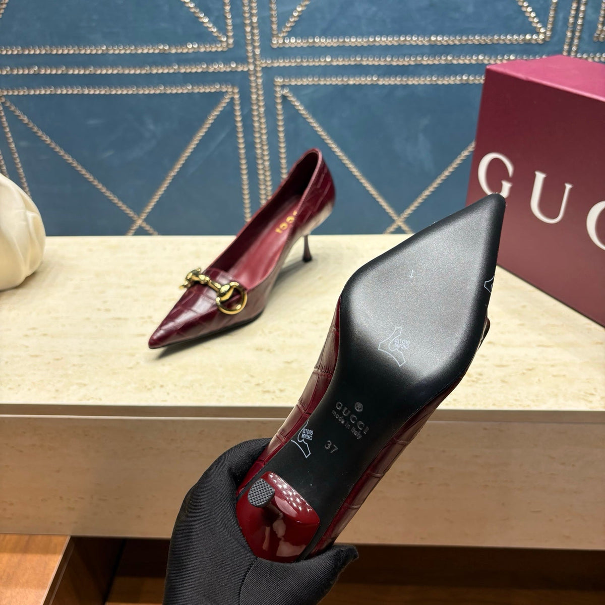 GC 26s Signoria Horsebit Pumps 7cm Bordeaux Croc-Effect Leather 106955