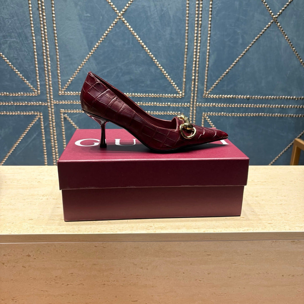 GC 26s Signoria Horsebit Pumps 7cm Bordeaux Croc-Effect Leather 106955