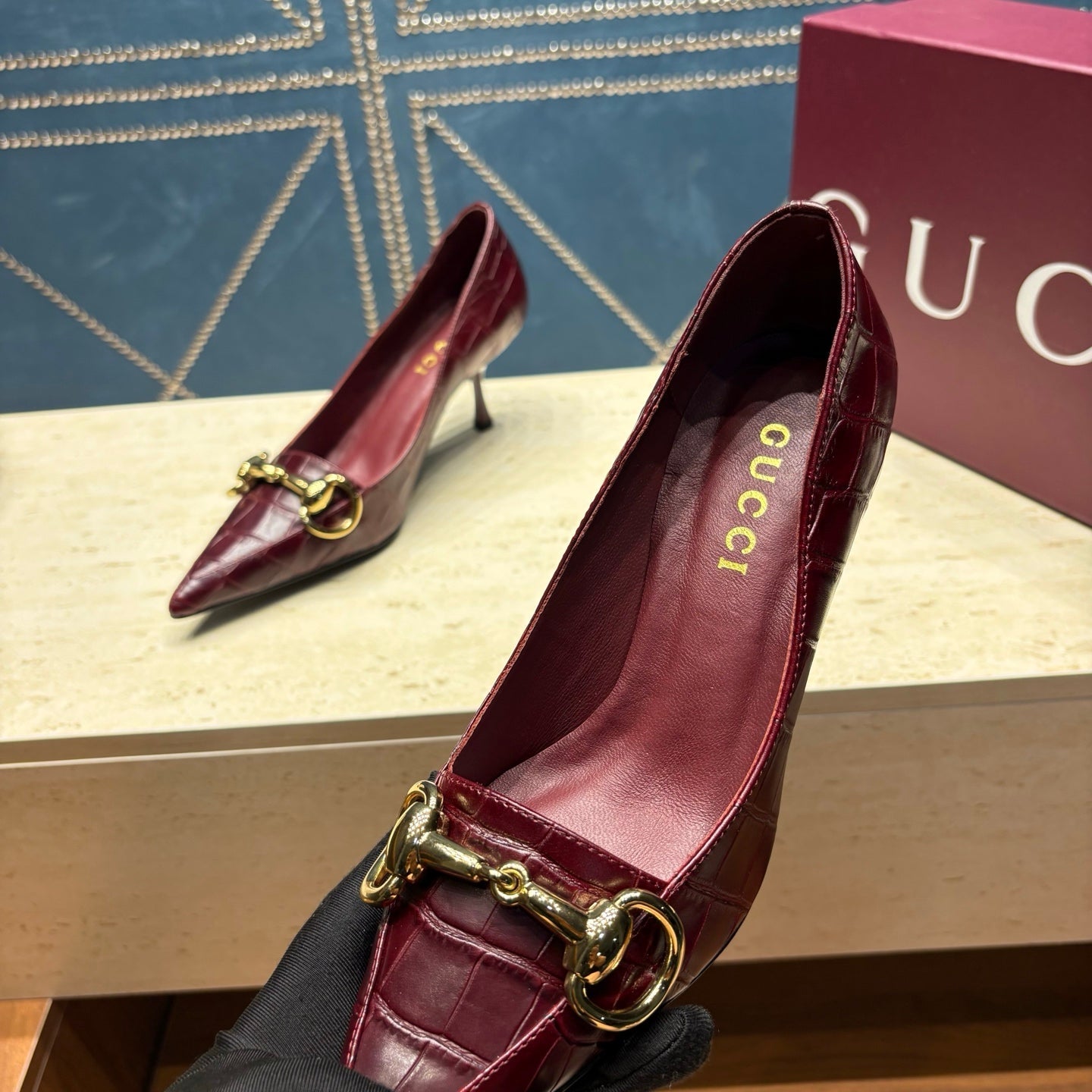 GC 26s Signoria Horsebit Pumps 7cm Bordeaux Croc-Effect Leather 106955