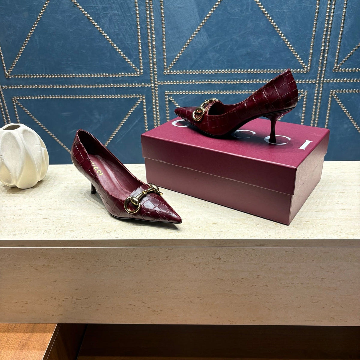 GC 26s Signoria Horsebit Pumps 7cm Bordeaux Croc-Effect Leather 106955