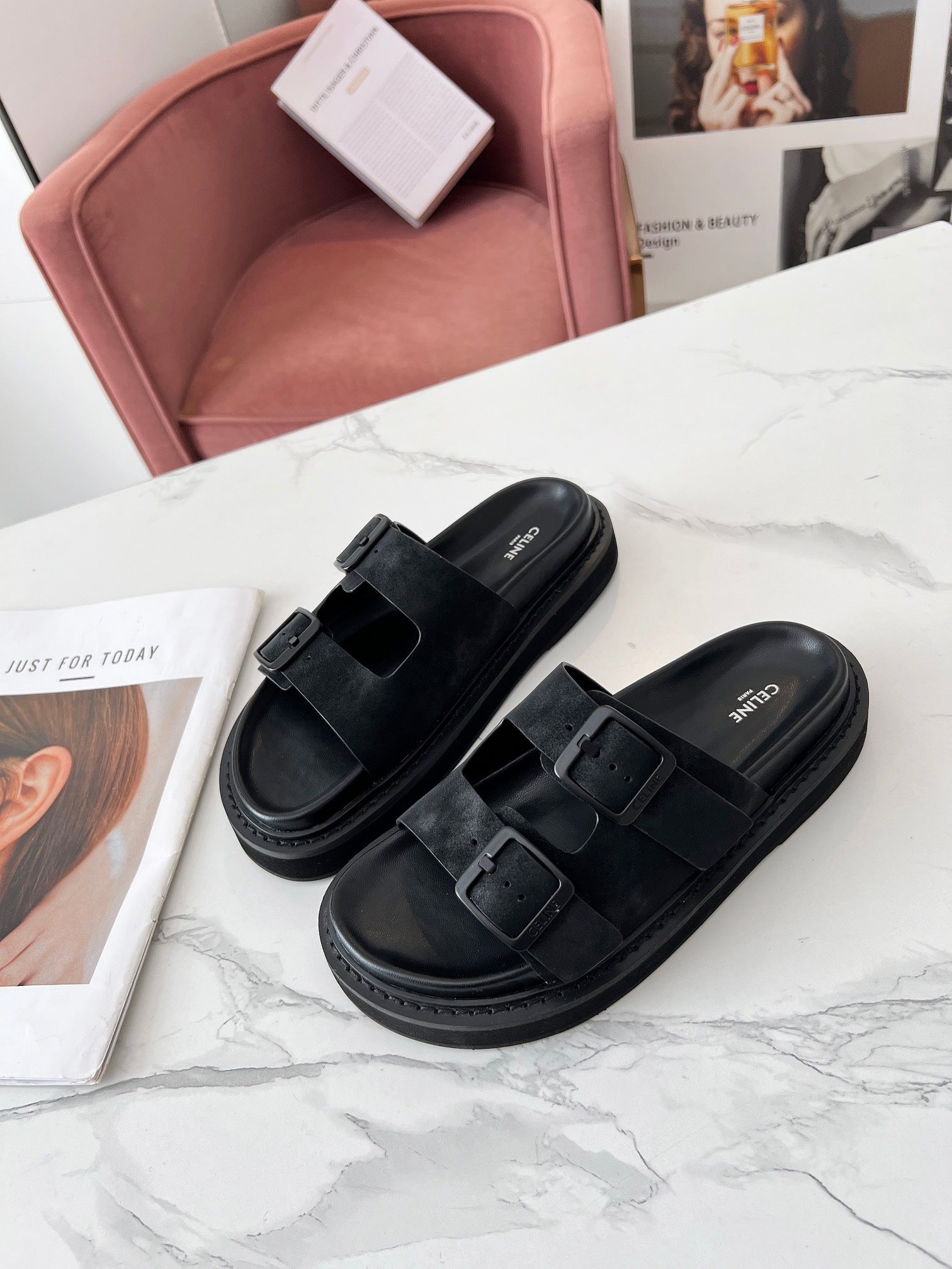 Celine 26s Sandals Hardware Buckles Black Suede Leather 982640