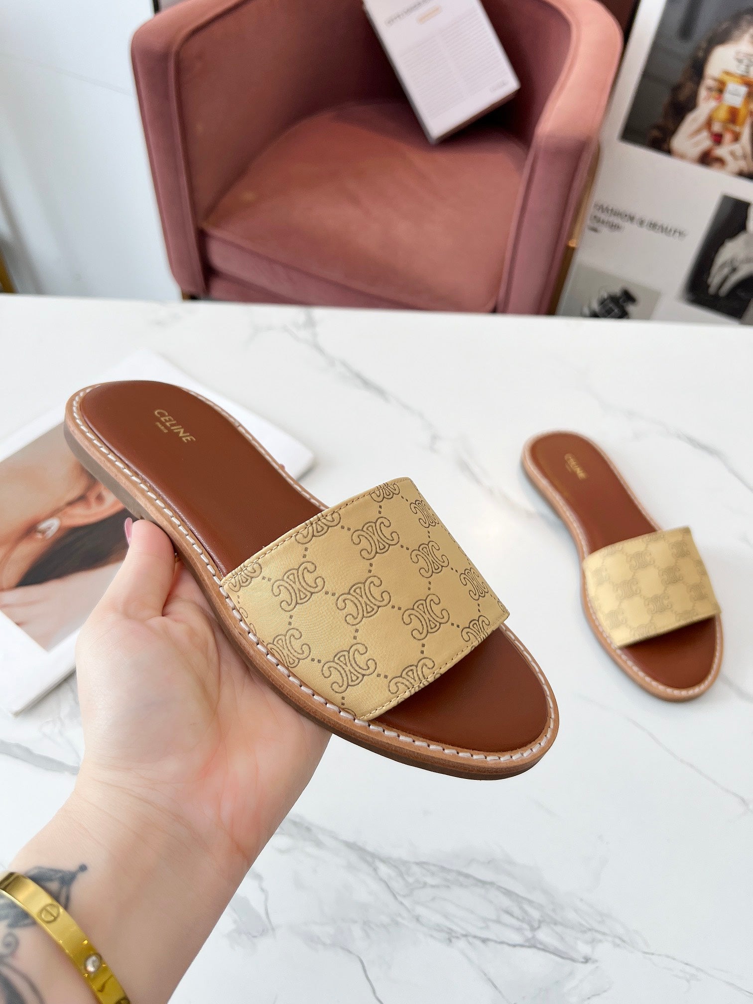 Celine 26s Slip-on Sandals Silk Fabric Leather 982645