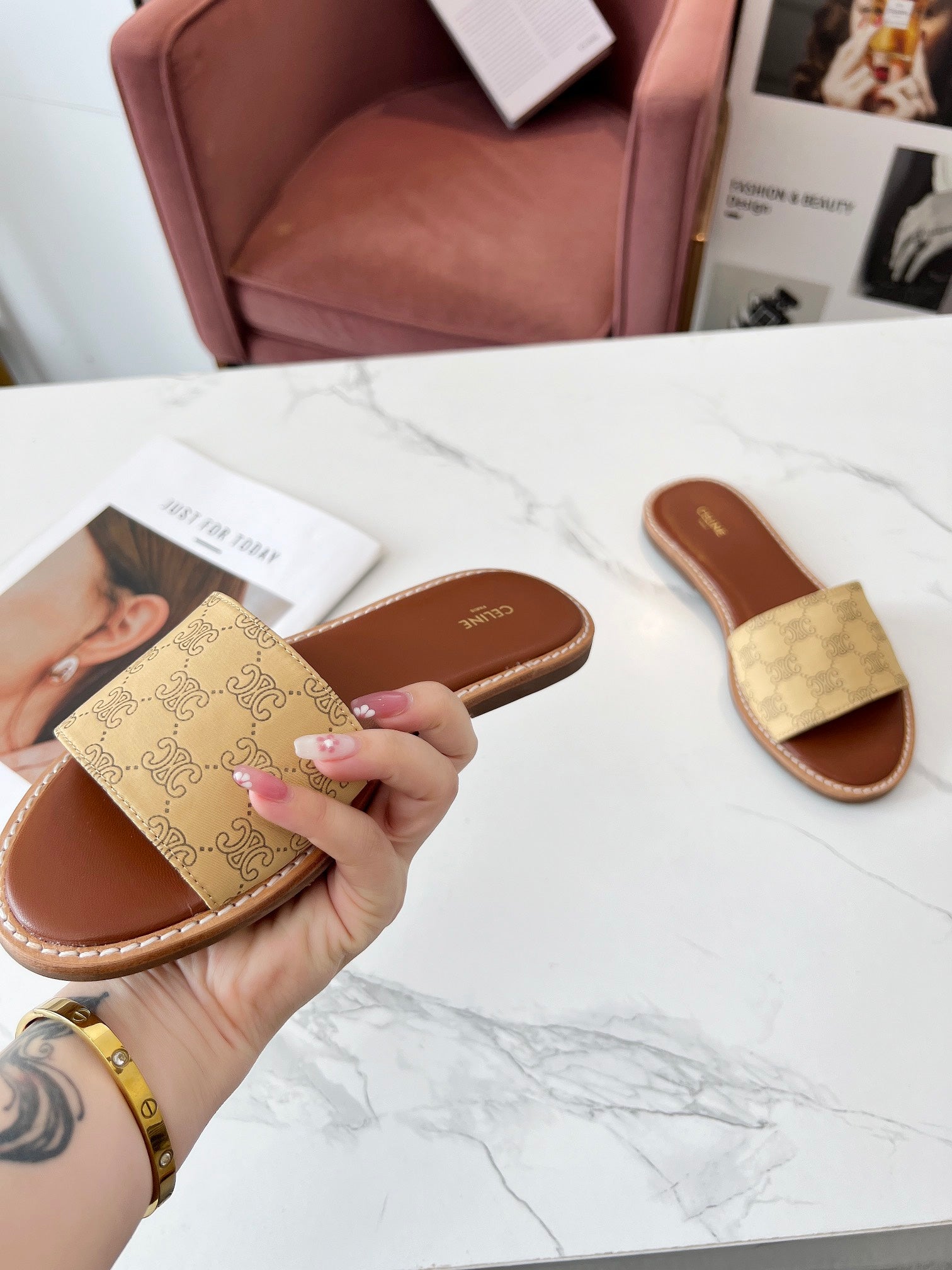 Celine 26s Slip-on Sandals Silk Fabric Leather 982645