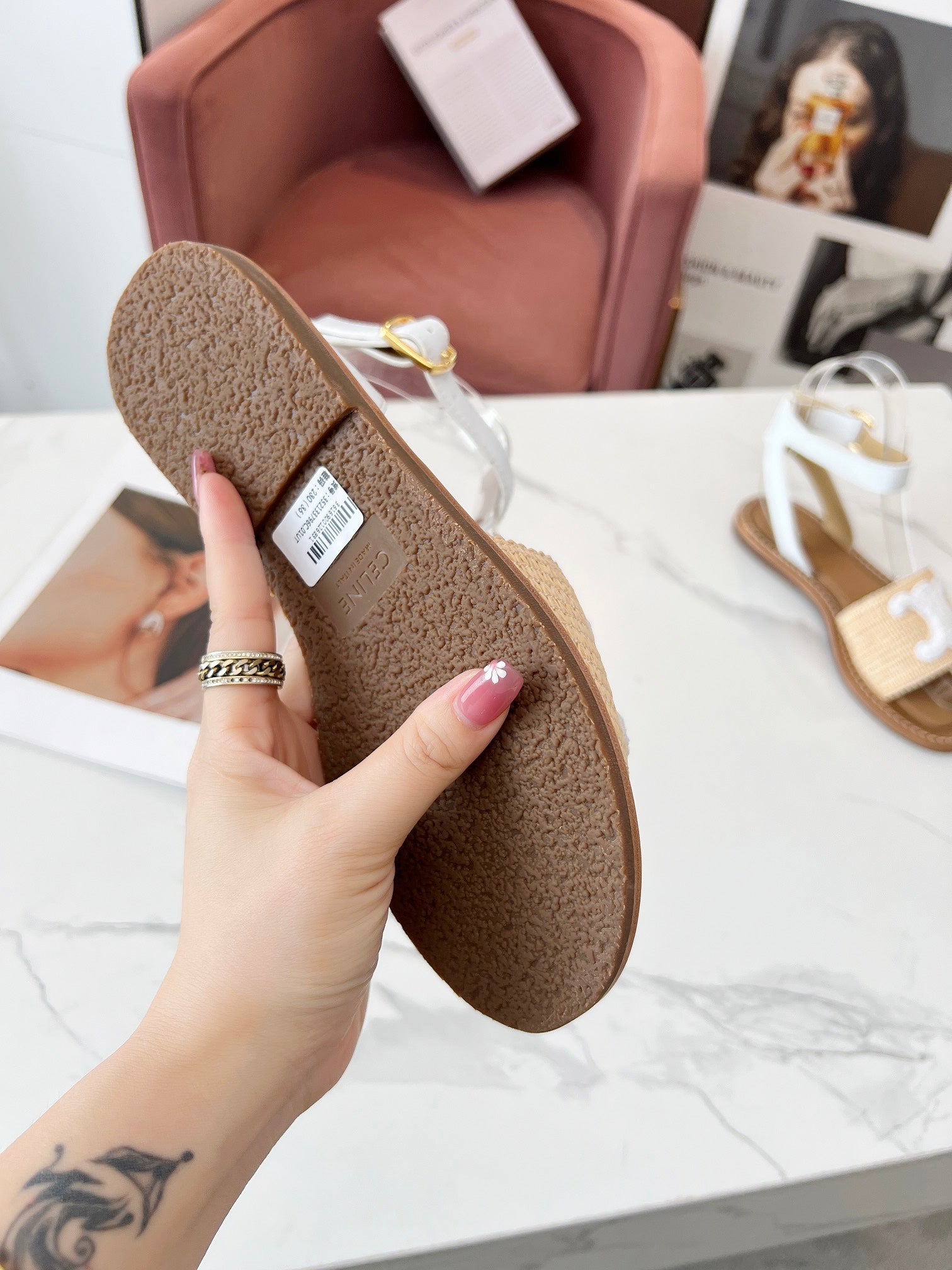 Celine 25C Lympia Sandal Beige mix White Fabric with Calfskin 238161