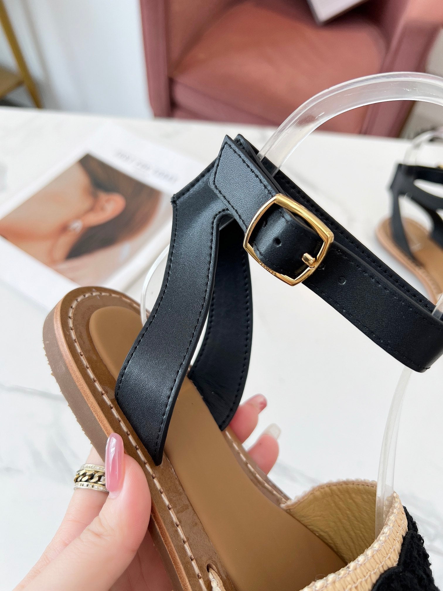 Celine 25C Lympia Sandal Beige mix Black Fabric with Calfskin 238163