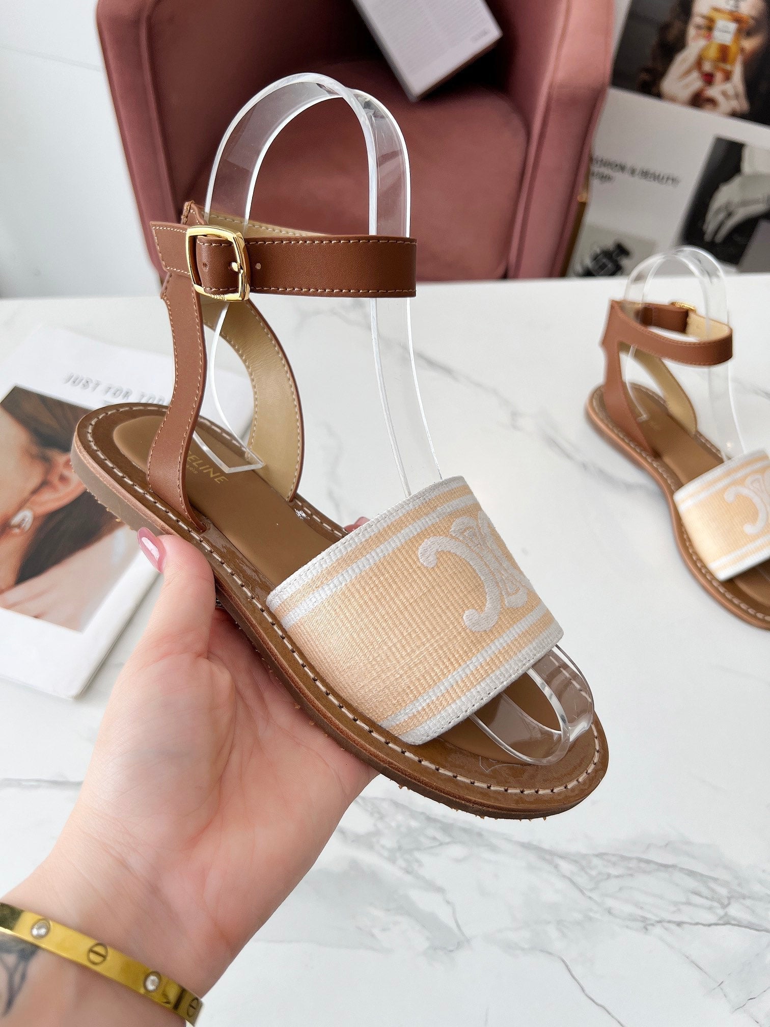 Celine 25C Lympia Sandal Cream with White Canvas with Calfskin 238172