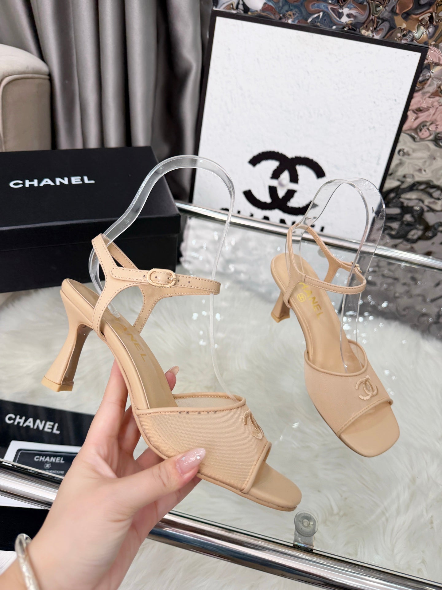 CC 2026B Métiers d'Art Sandals Beige Mesh Leather 970172