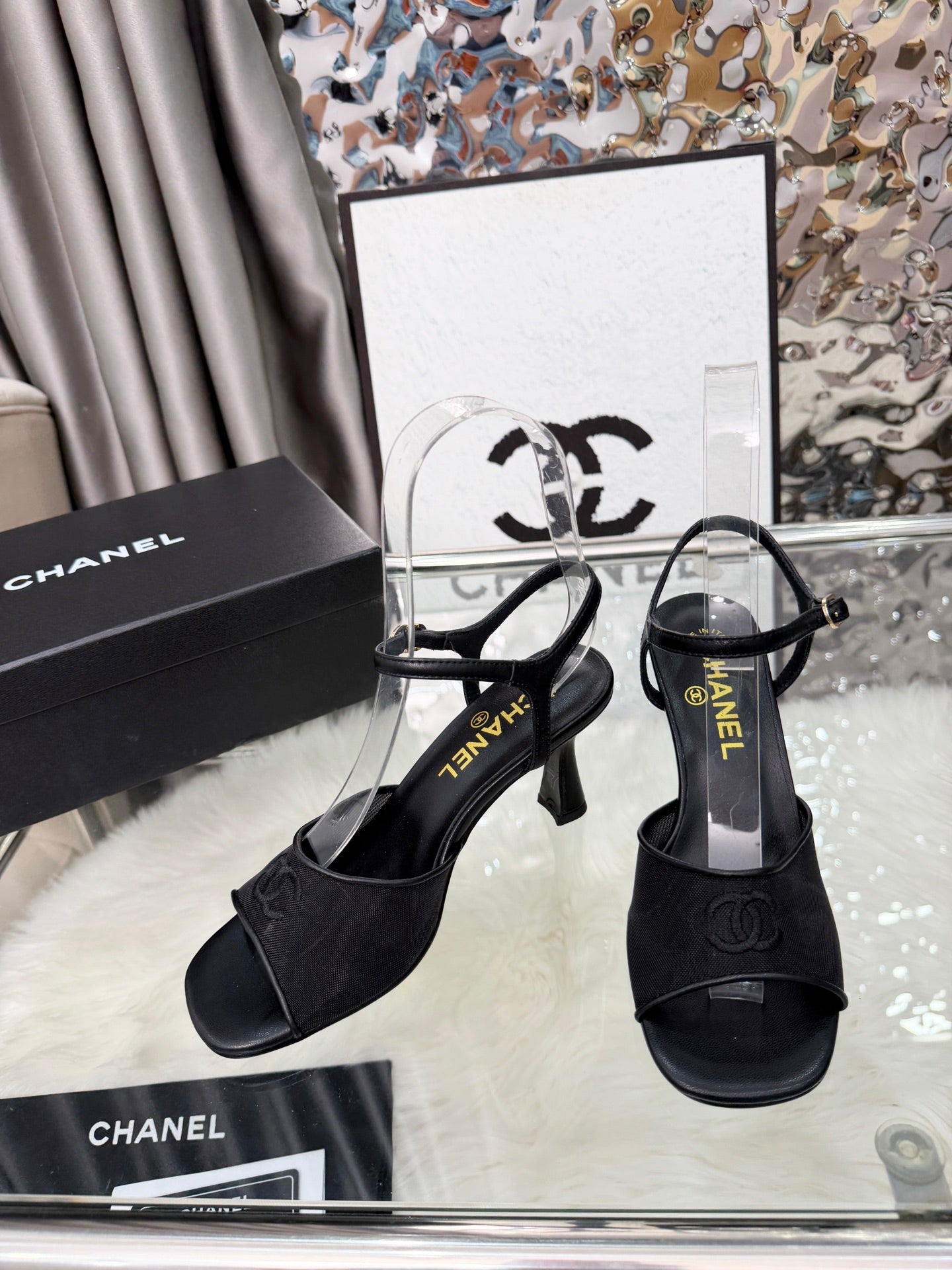 CC 2026B Métiers d'Art Sandals Black Mesh Leather 970174
