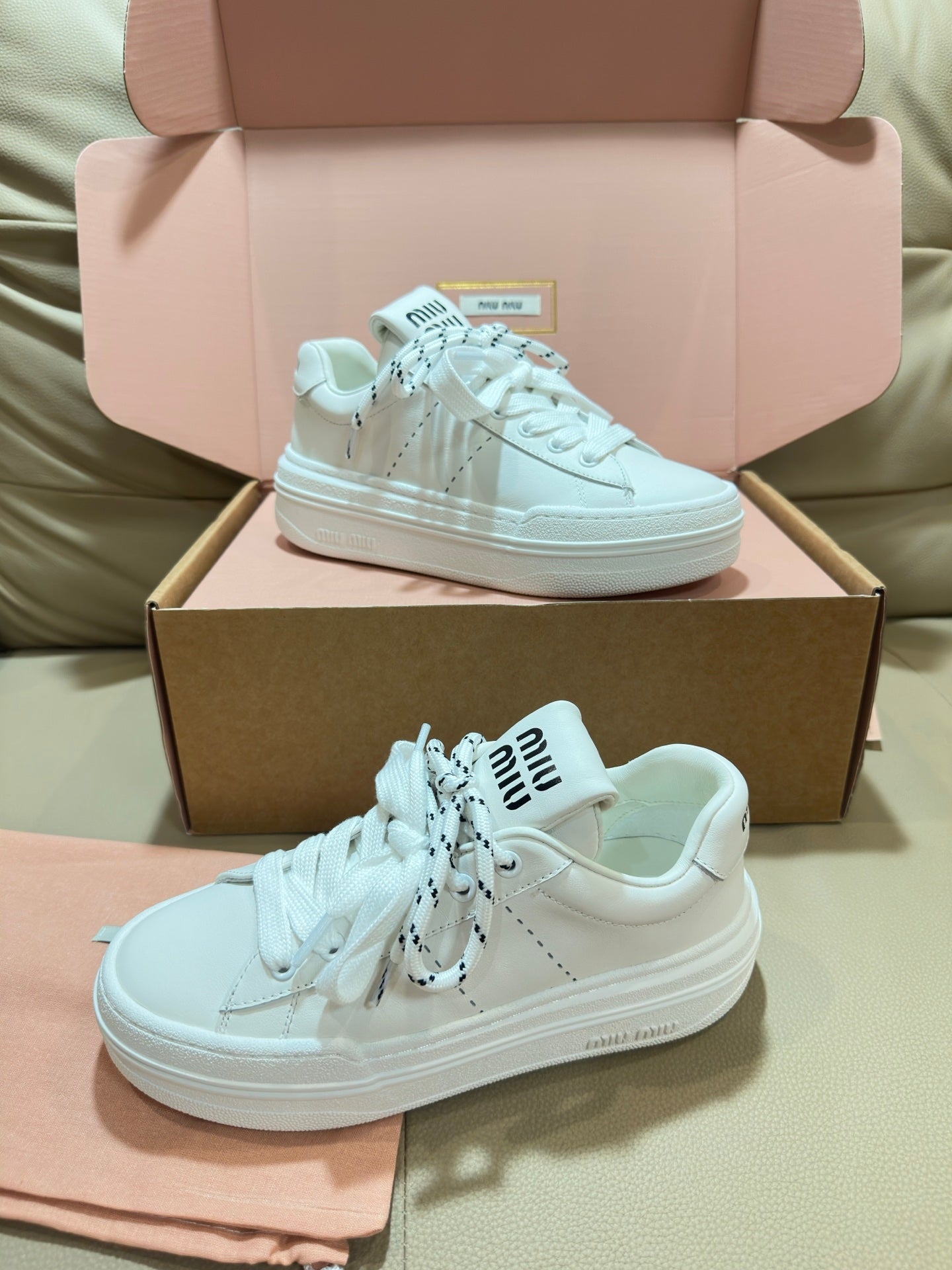 Miu Bleached Leather Sneakers Off White Leather 940987