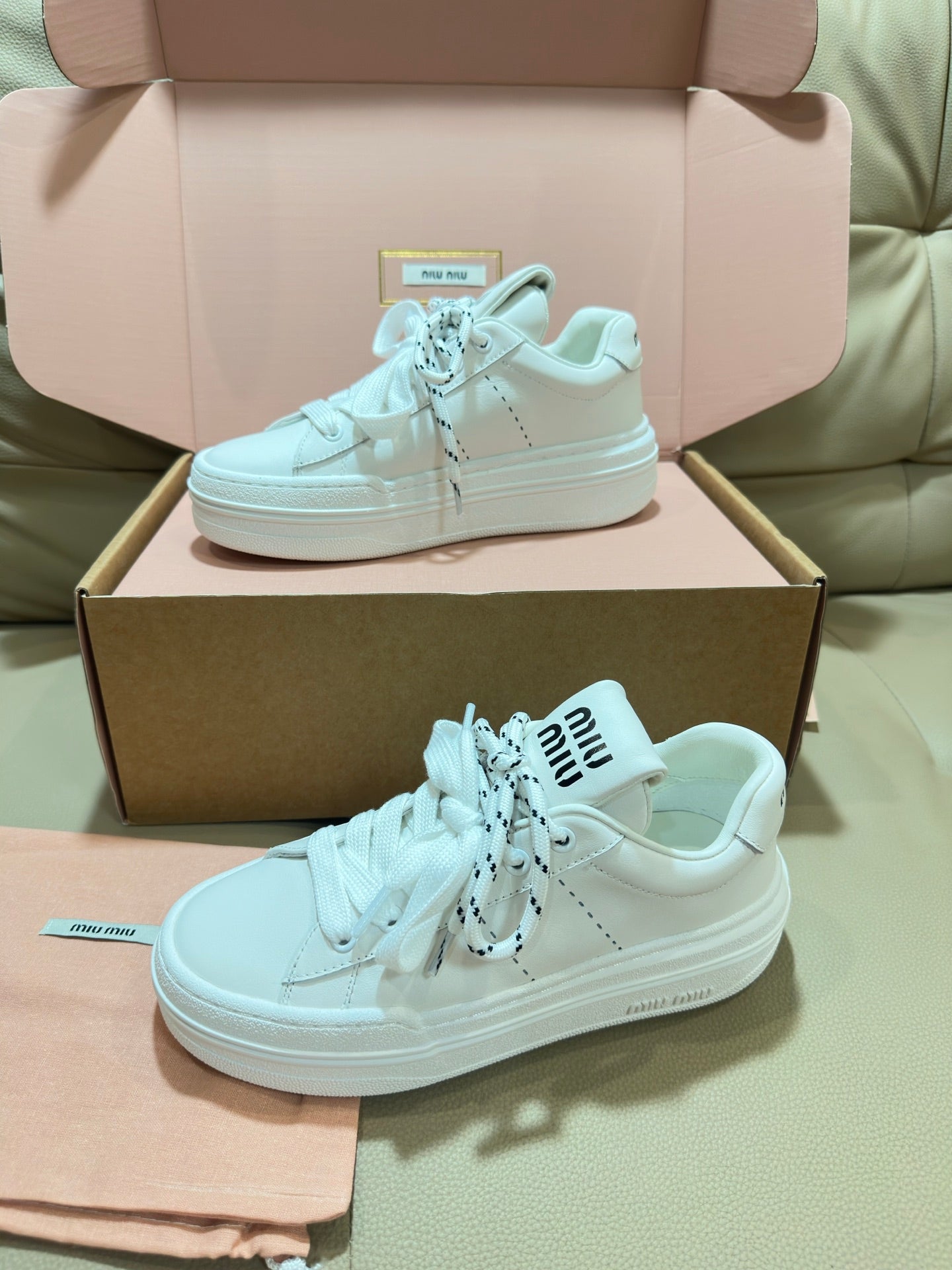 Miu Bleached Leather Sneakers Off White Leather 940987