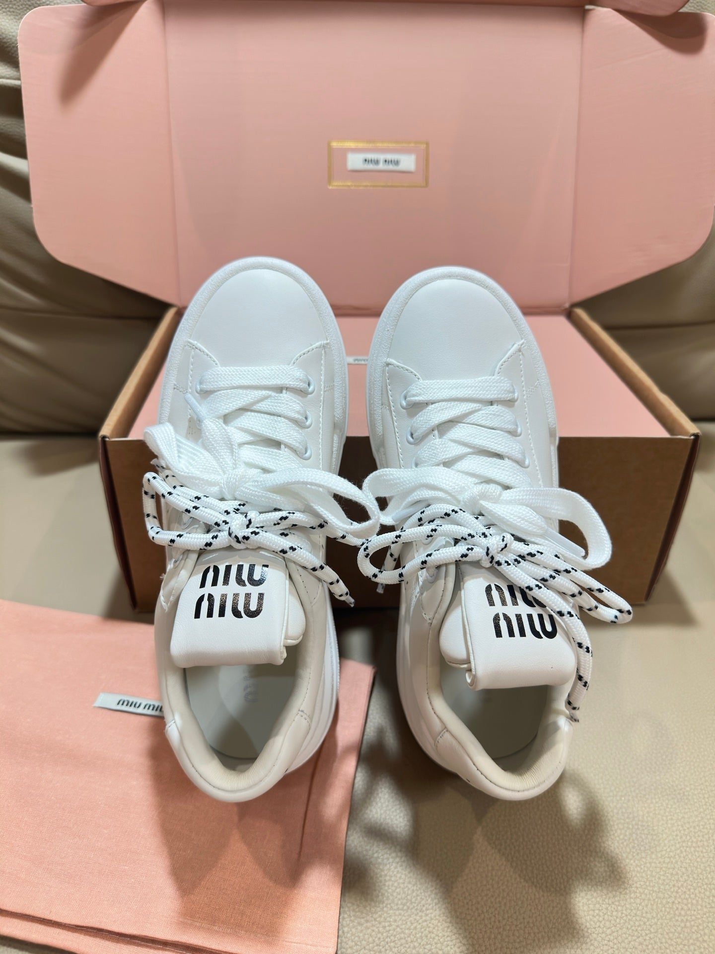 Miu Bleached Leather Sneakers Off White Leather 940987