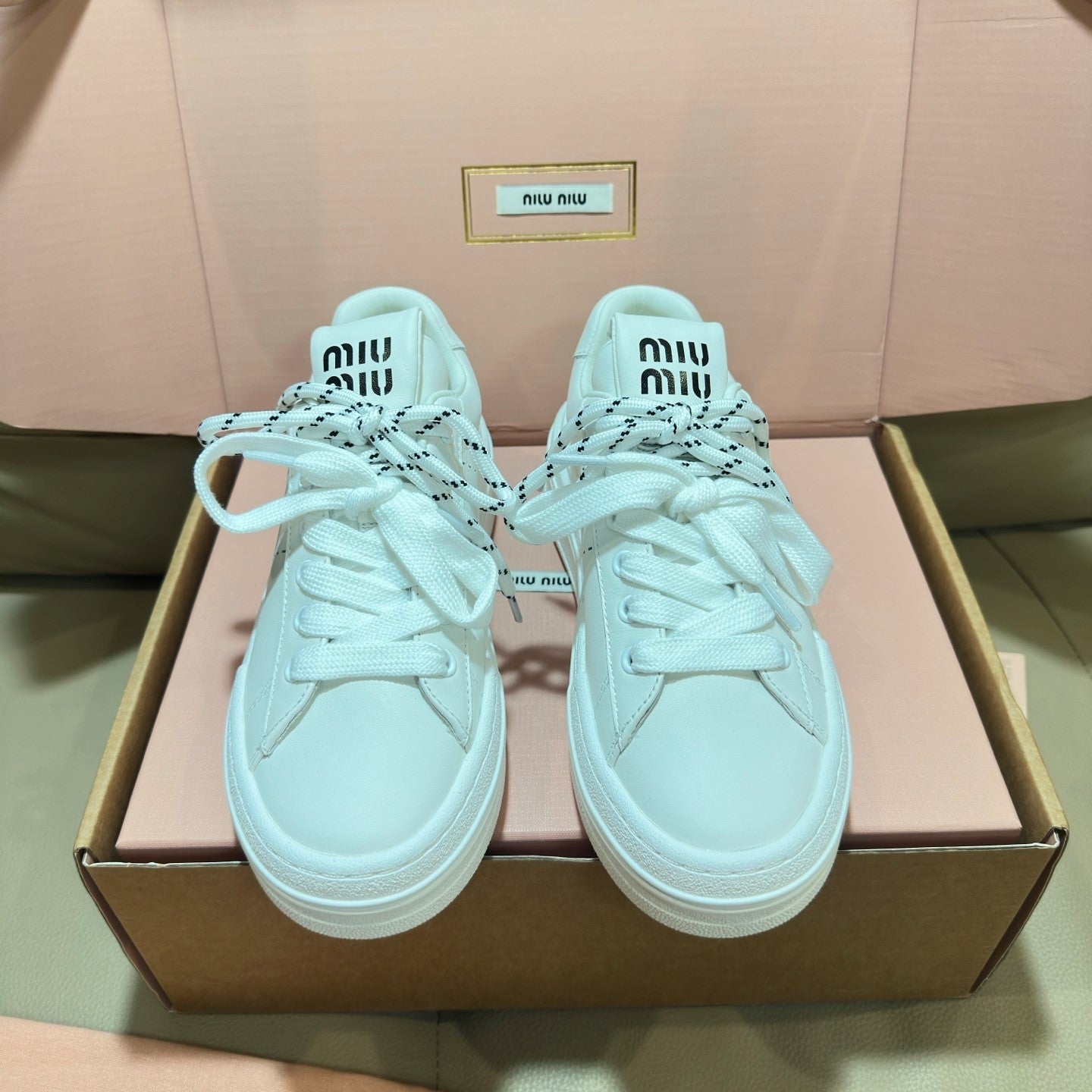 Miu Bleached Leather Sneakers Off White Leather 940987