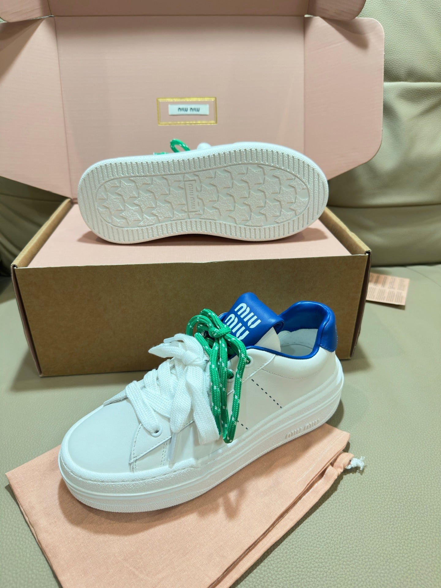 Miu Bleached Leather Sneakers White Blue Leather 940988