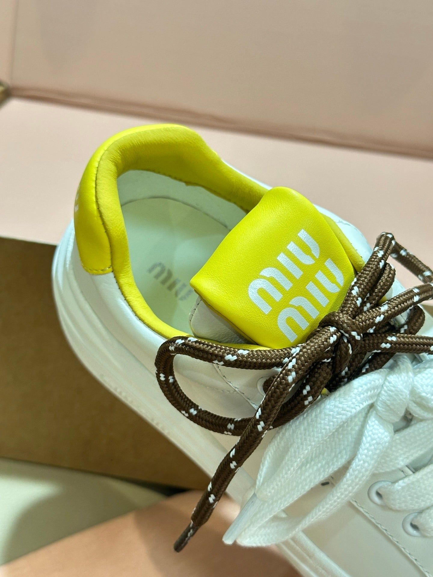 Miu Bleached Leather Sneakers White Yellow Leather 940989