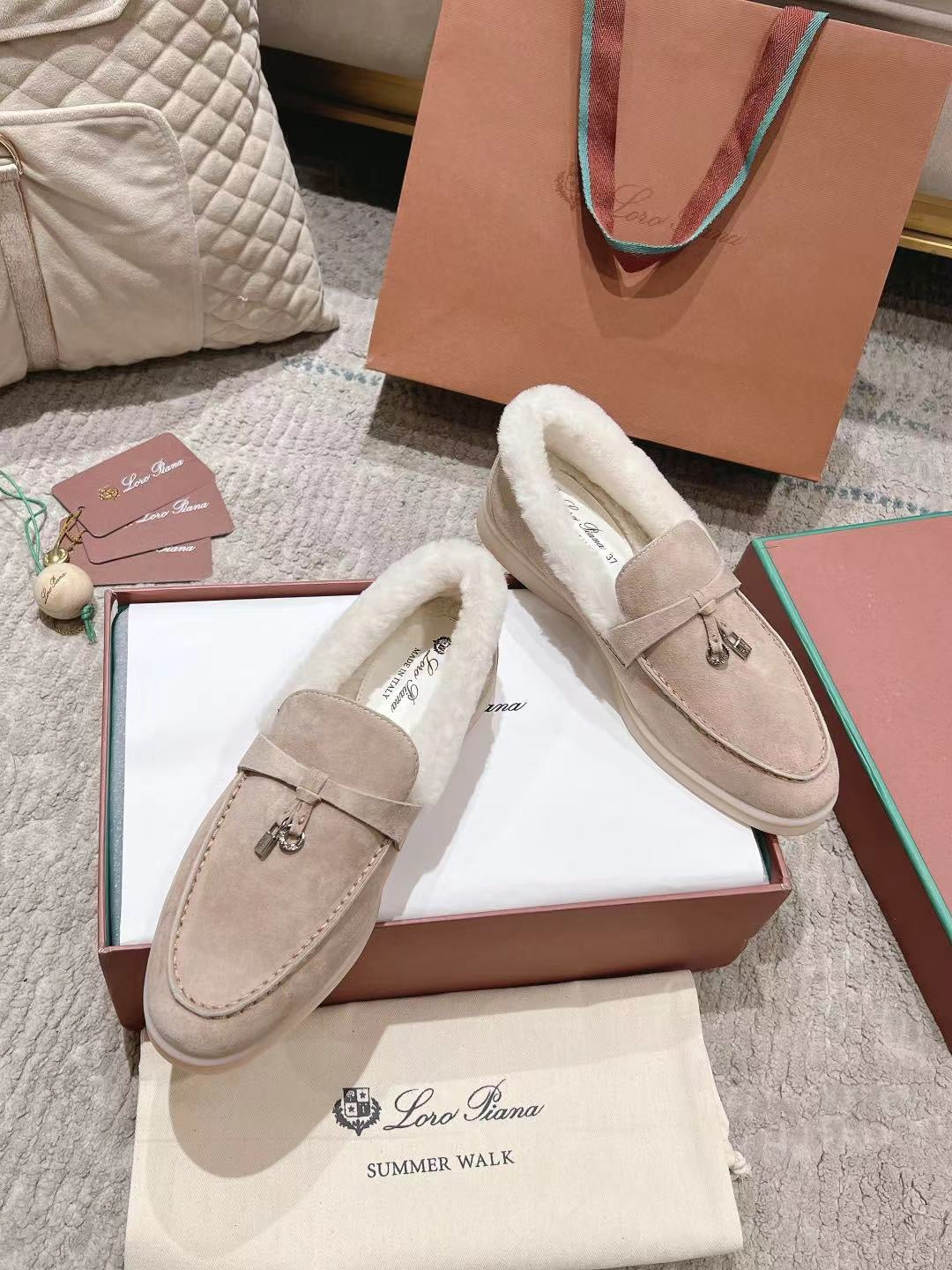 LP Summer Charms Walk Loafers Light Brown Beige Mix White Suede With Rabbit Fur Lining 206250