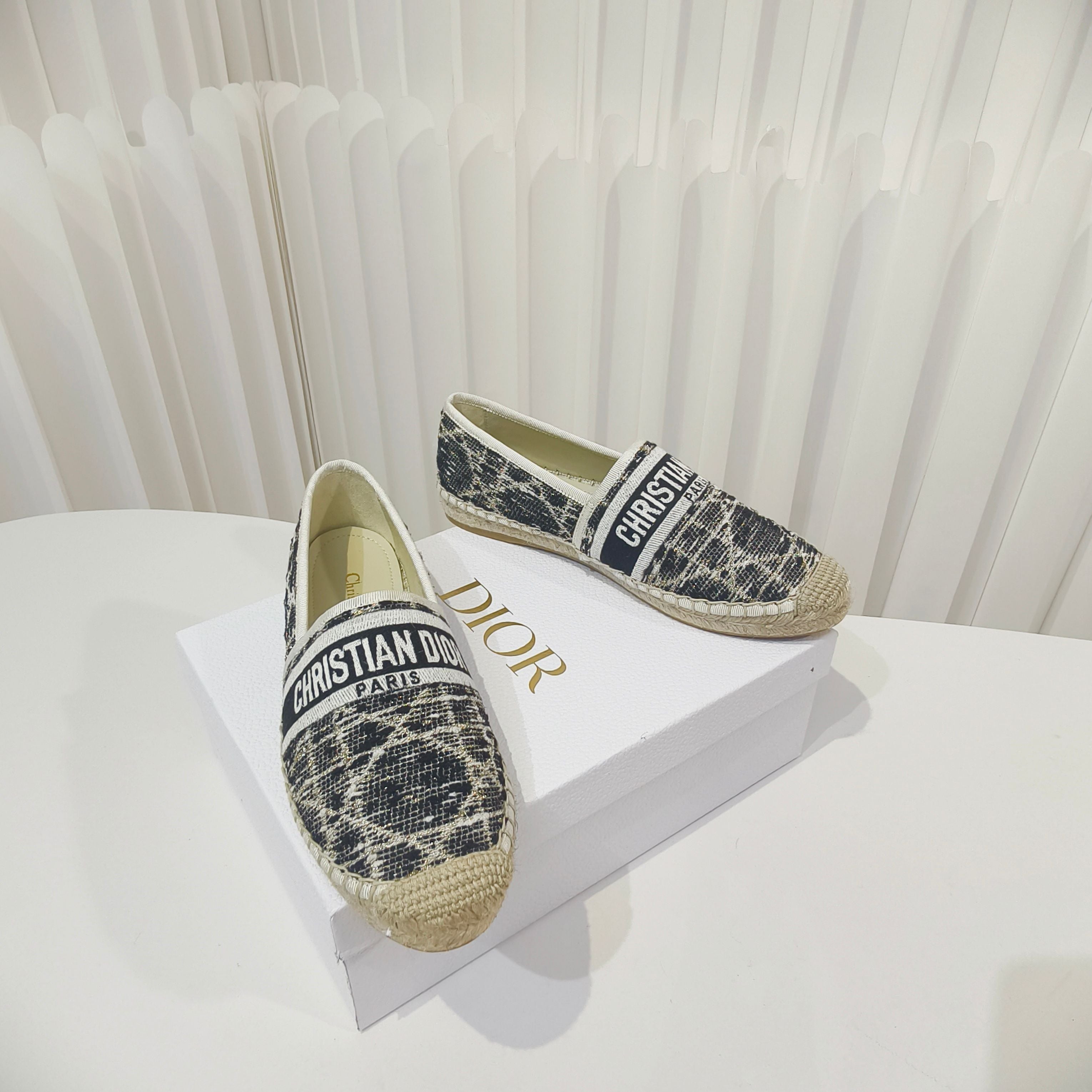 CD Granville Espadrilles Beige Black Cannage Tweed Sequin 632506