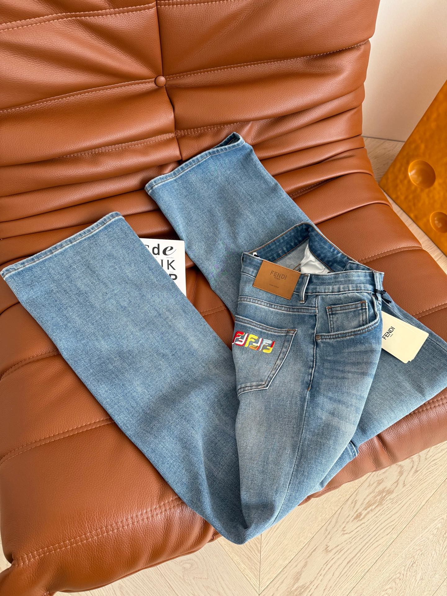 Fendi 25 Colorful Yarn Embroidered Letter Jeans Blue Cotton