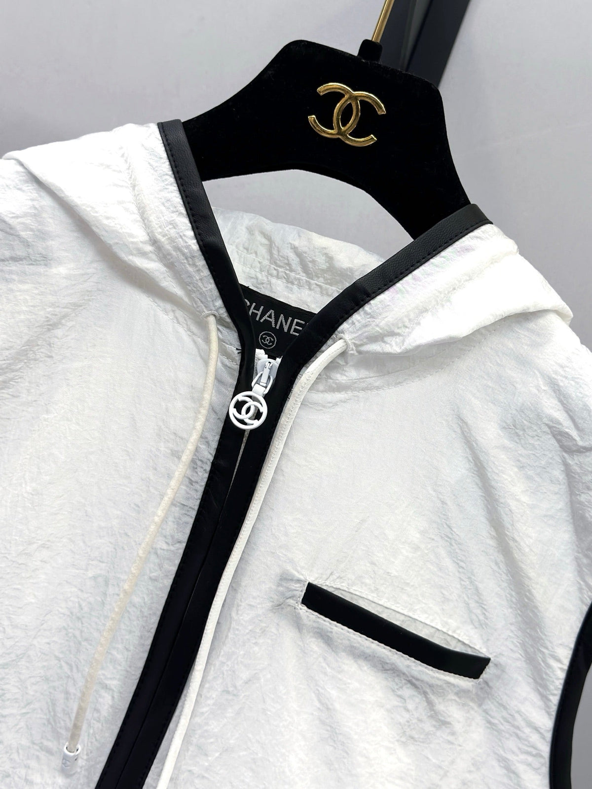 Chanel 26s Hooded Polyamide Vest with Sheepskin Braid Trim 447727