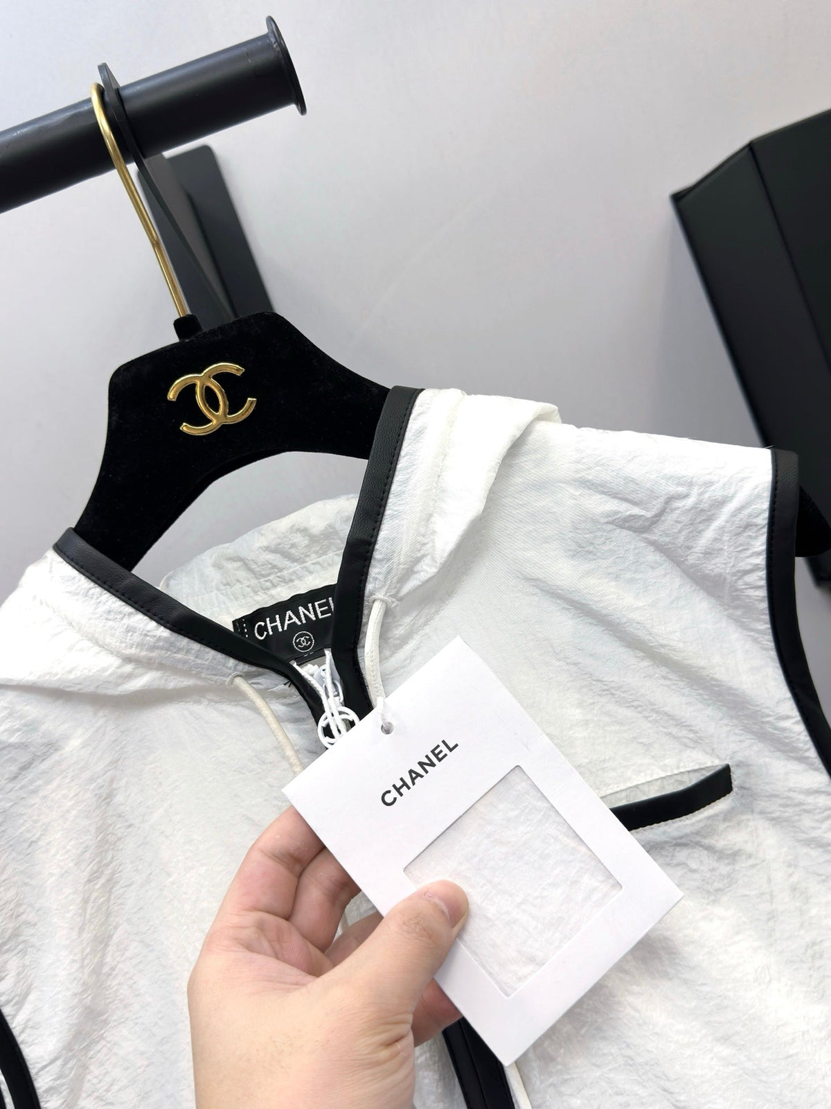 Chanel 26s Hooded Polyamide Vest with Sheepskin Braid Trim 447727