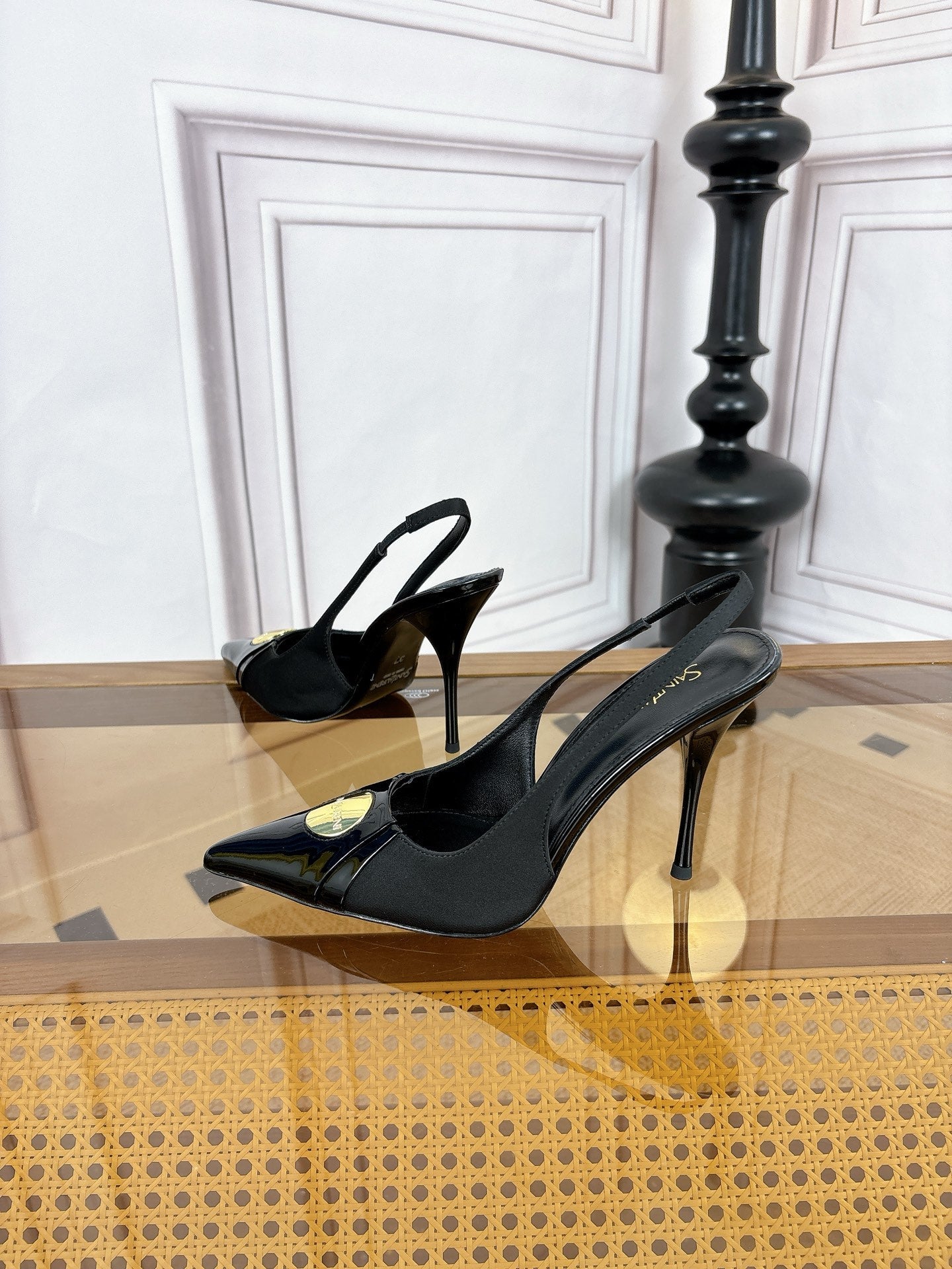 YSL Louis Slingback 10cm Black Satin Patent Leather 932063