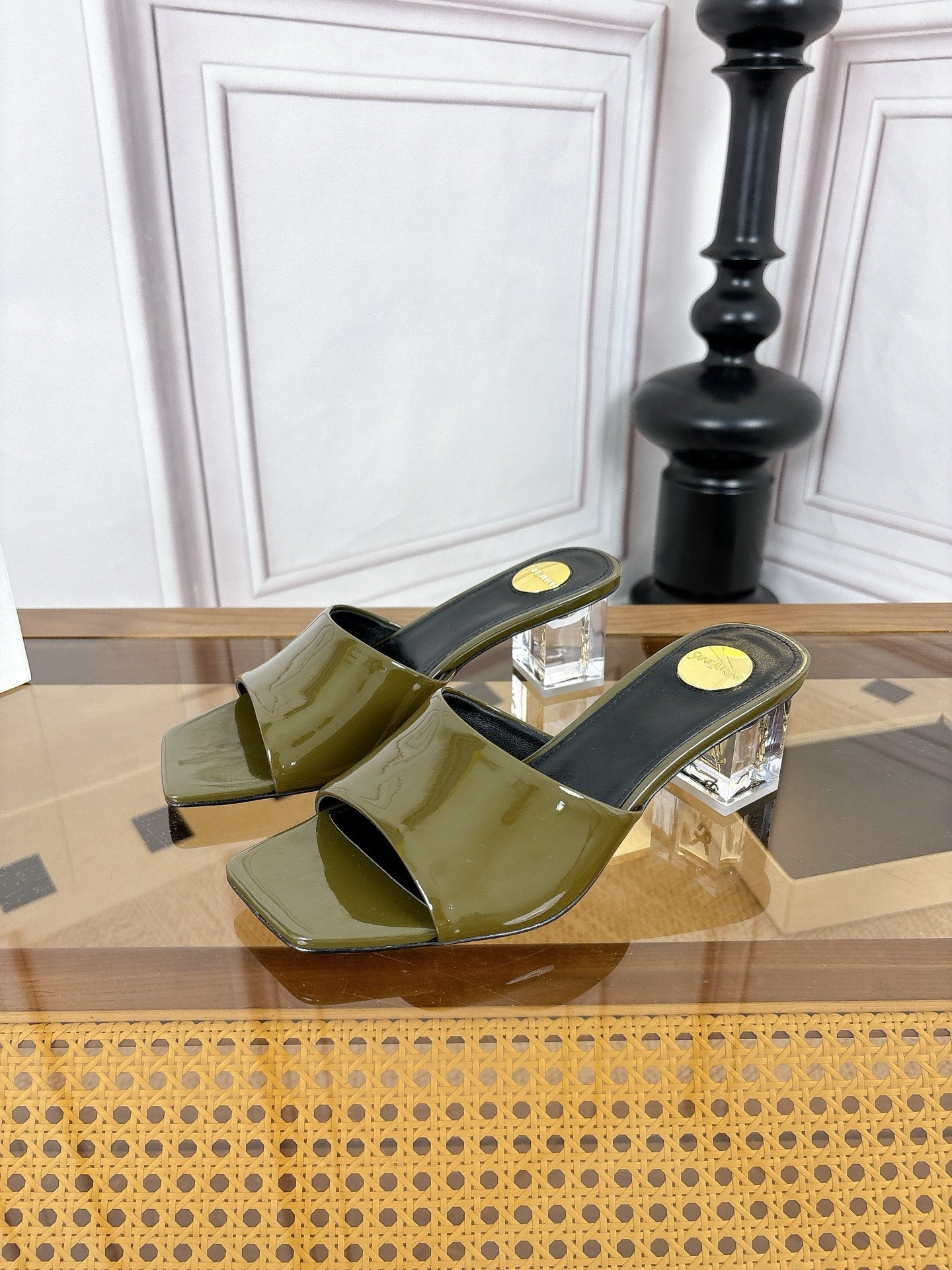 YSL High-Heeled Sandal 5.5cm Olive Patent Leather 932055