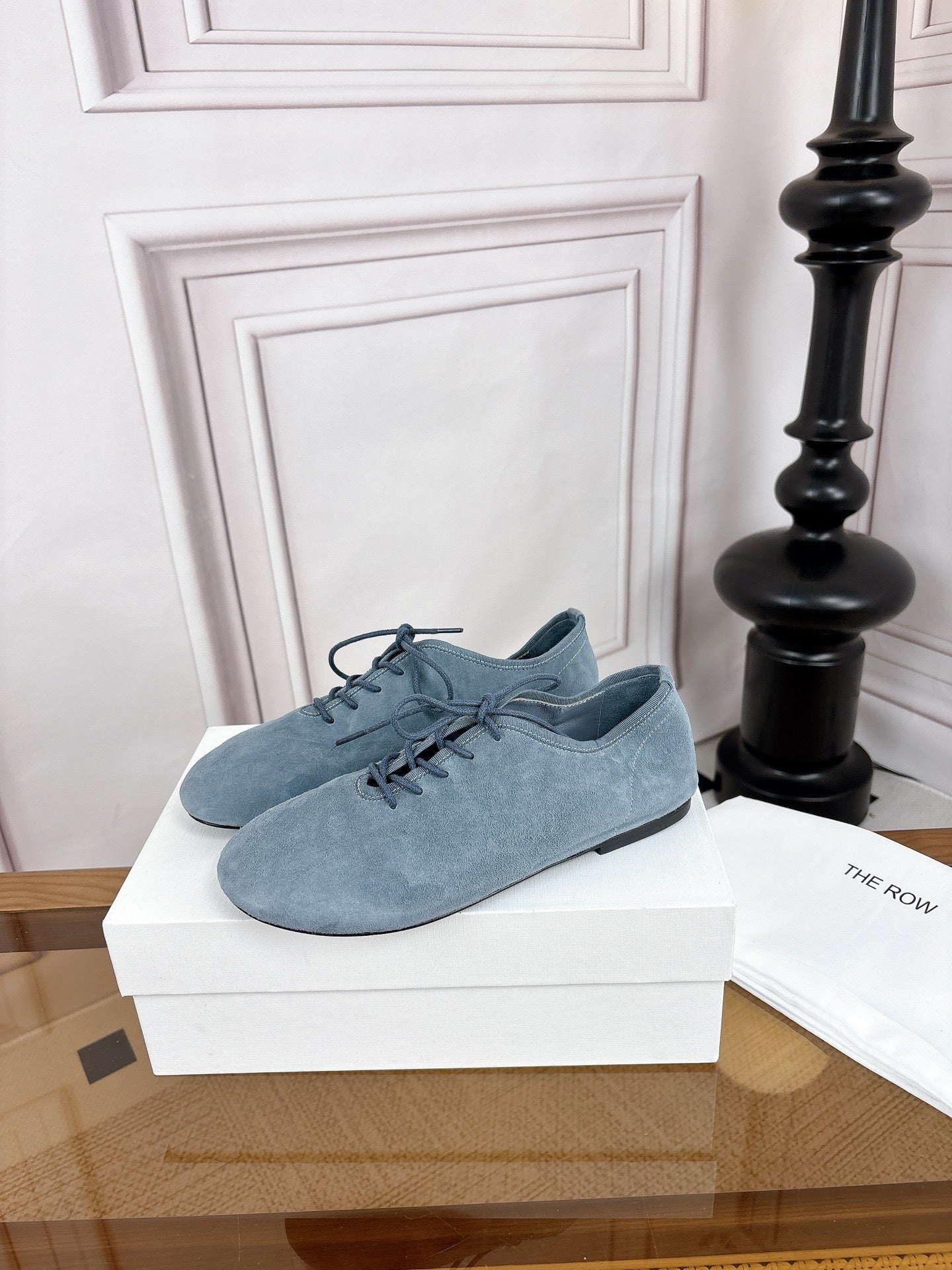 The Row Deep Mouth Slip-on Loafers Blue Grey Suede 931973