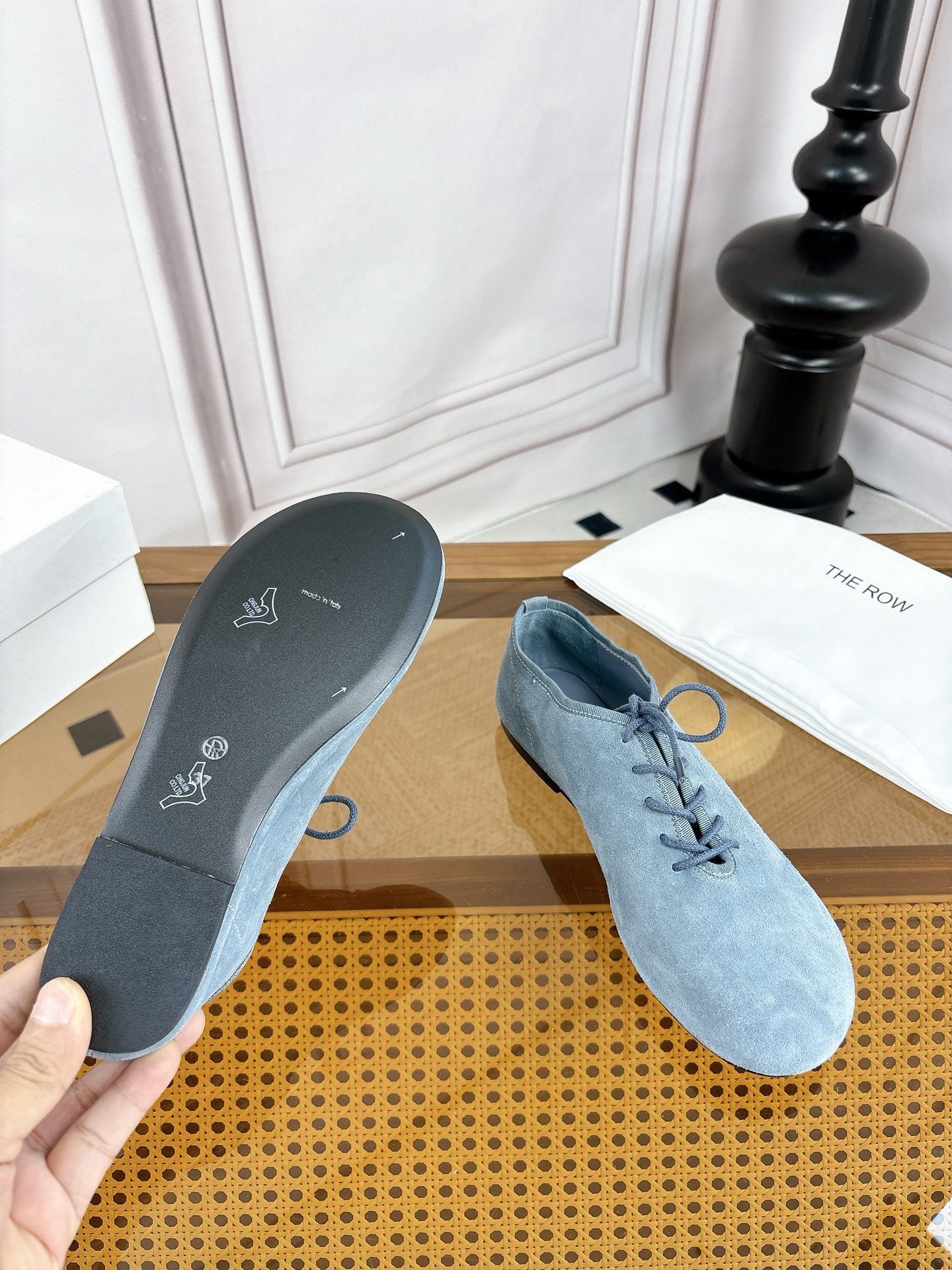 The Row Deep Mouth Slip-on Loafers Blue Grey Suede 931973