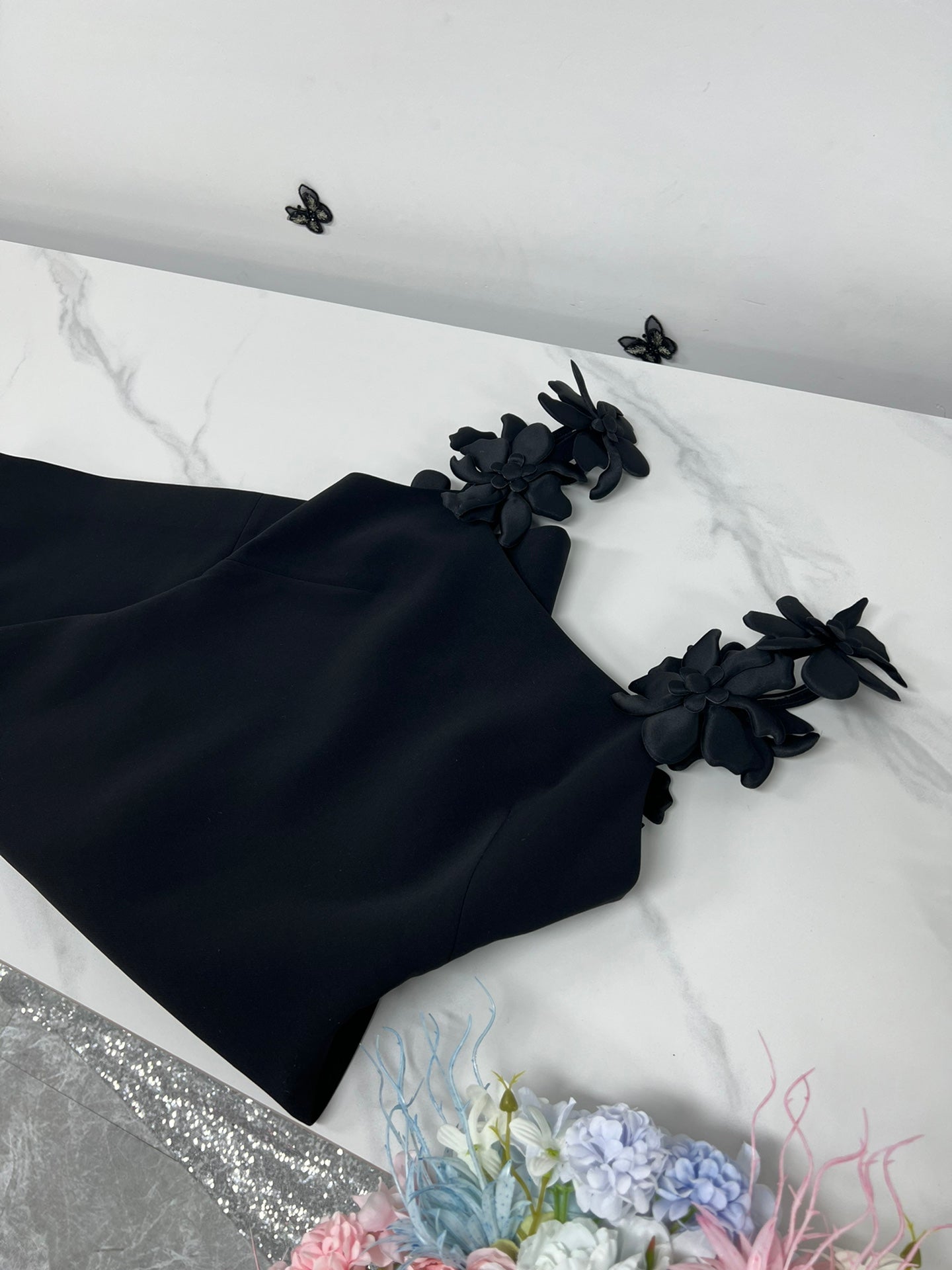 Valentino Embroidered Crepe Mini Dress Black 406129