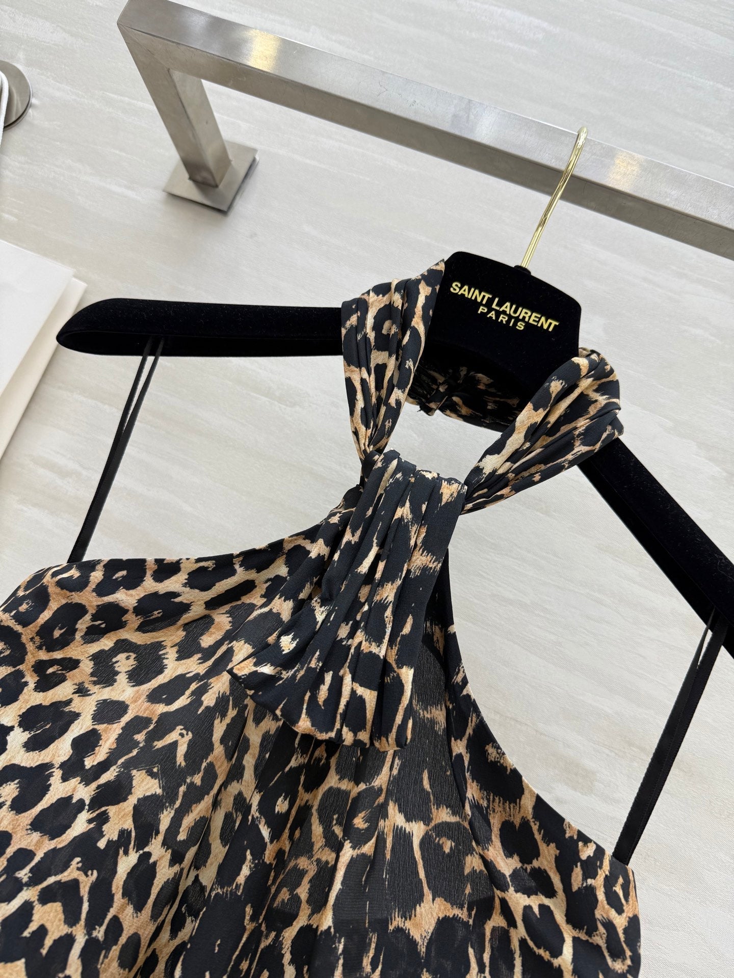 YSL 25 Halter-neck Suspender Vest Leopard Silk