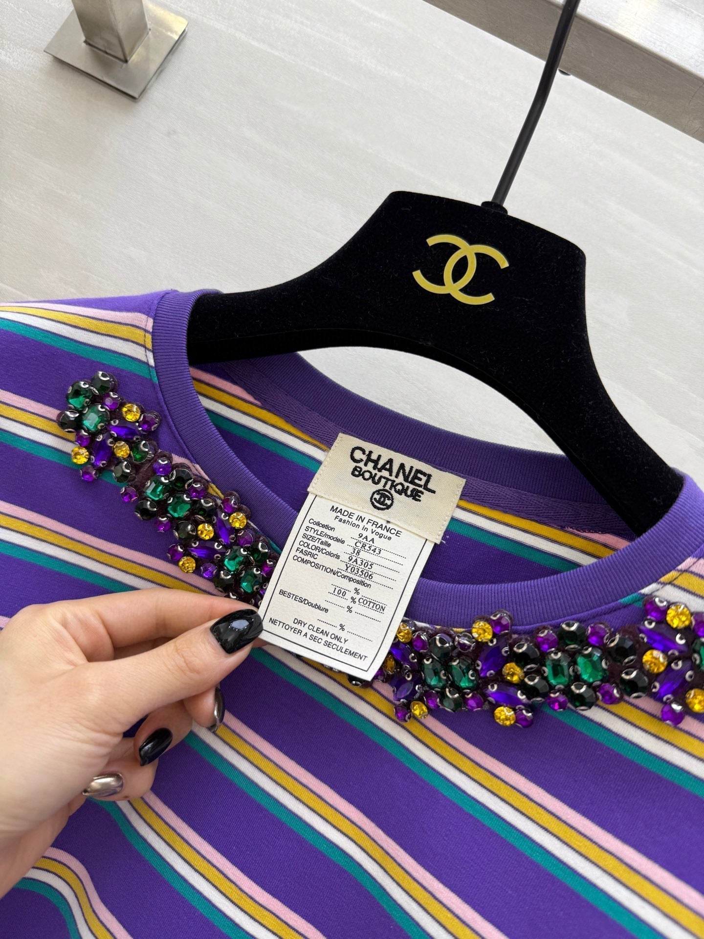 CC Strip Beaded T-shirt Purple Cotton
