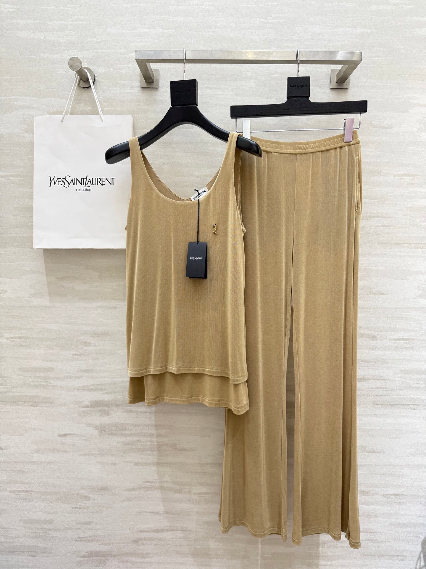 YSL 25 Vest Pant Set Beige Acetate